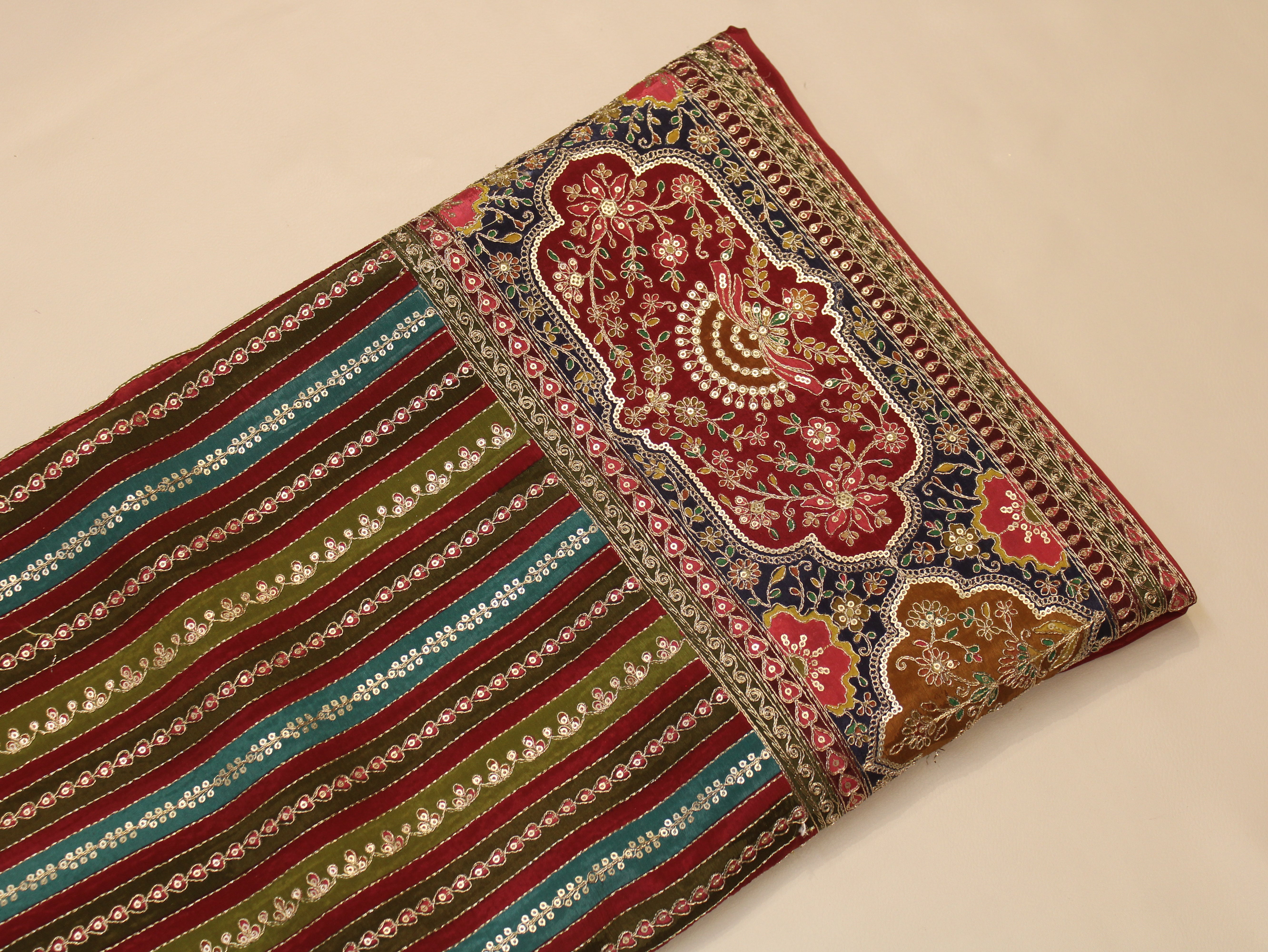 Natural Crepe fabric with Position & Cording Work - Maroon & Green | Gold Zari Embroidery
