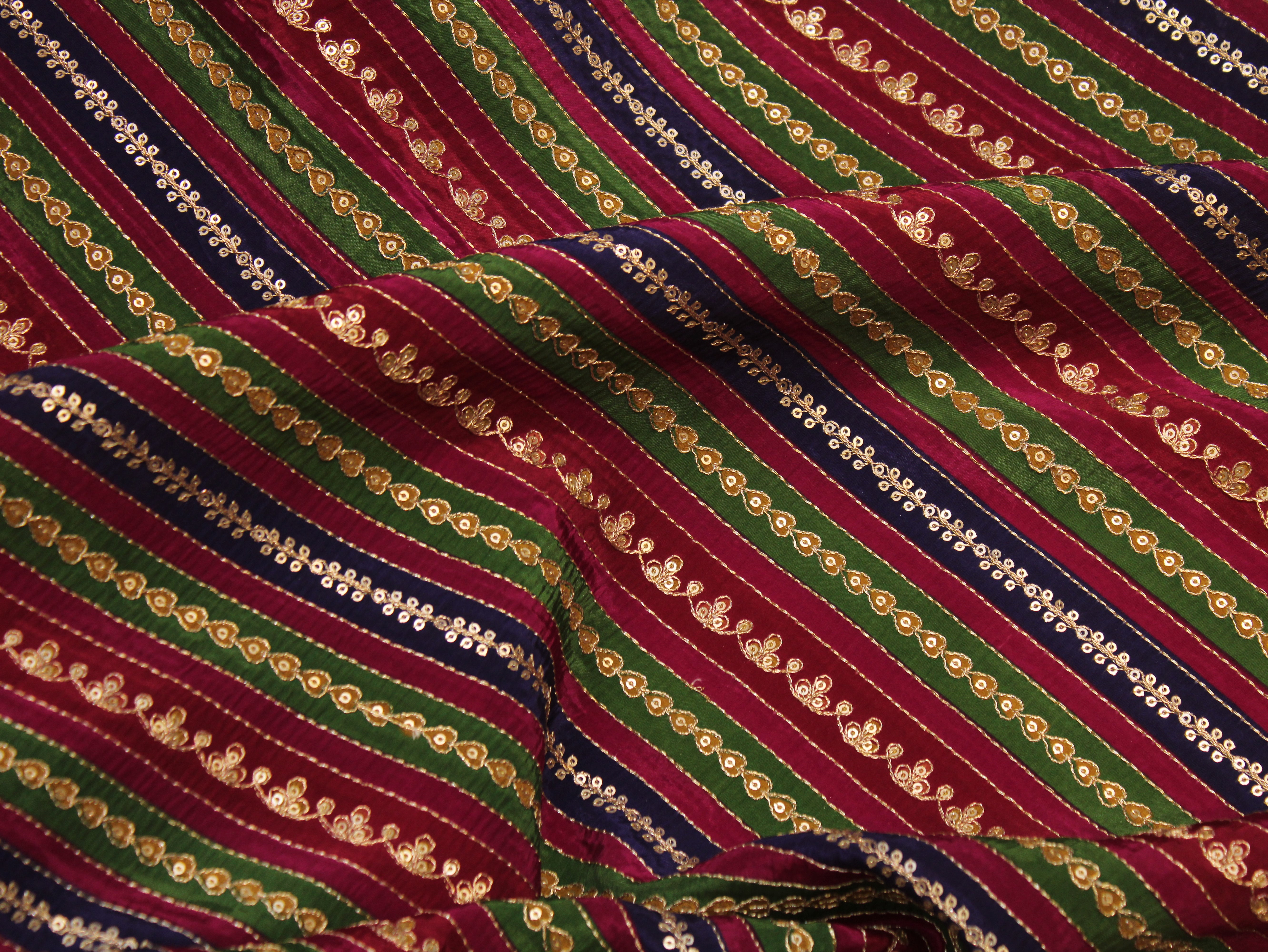Natural Crepe fabric with Position & Cording Work - Blue & Magenta | Gold Zari Embroidery