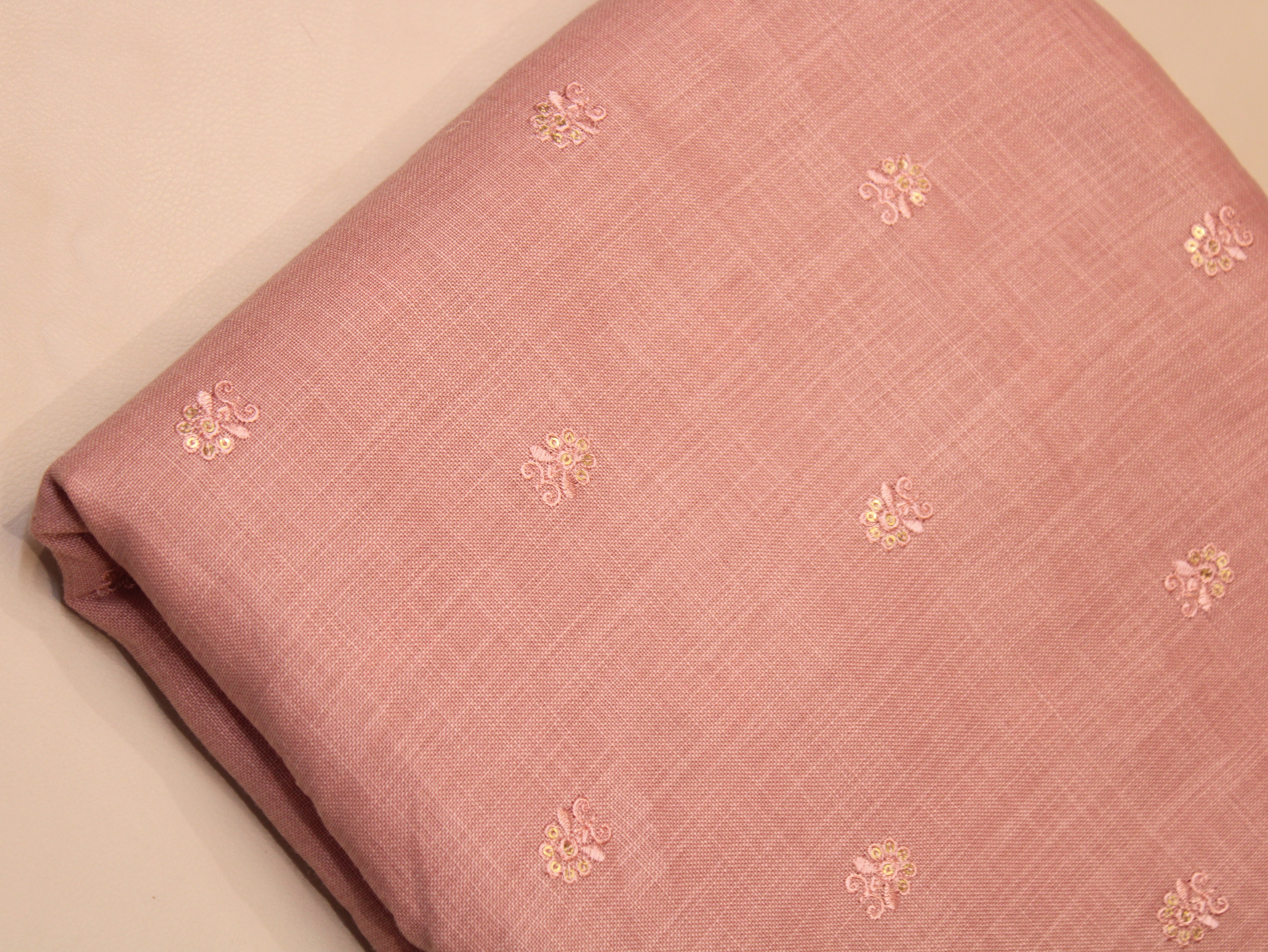 Cotton Linen Texture Fabric with Zari & Thread Motifs Embroidery - Pastel Peach