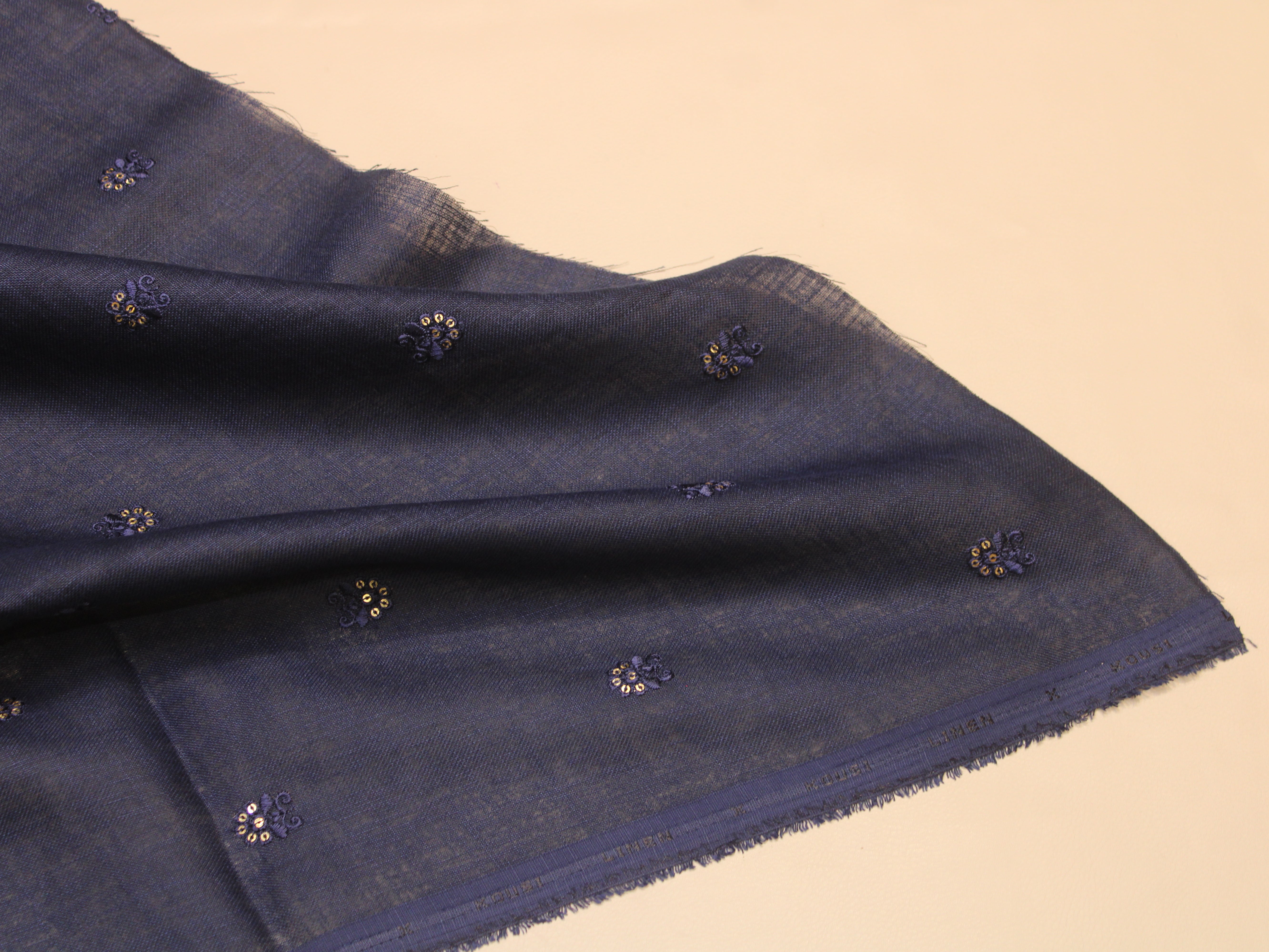Cotton Linen Texture Fabric with Zari & Thread Motifs Embroidery - Navy Blue