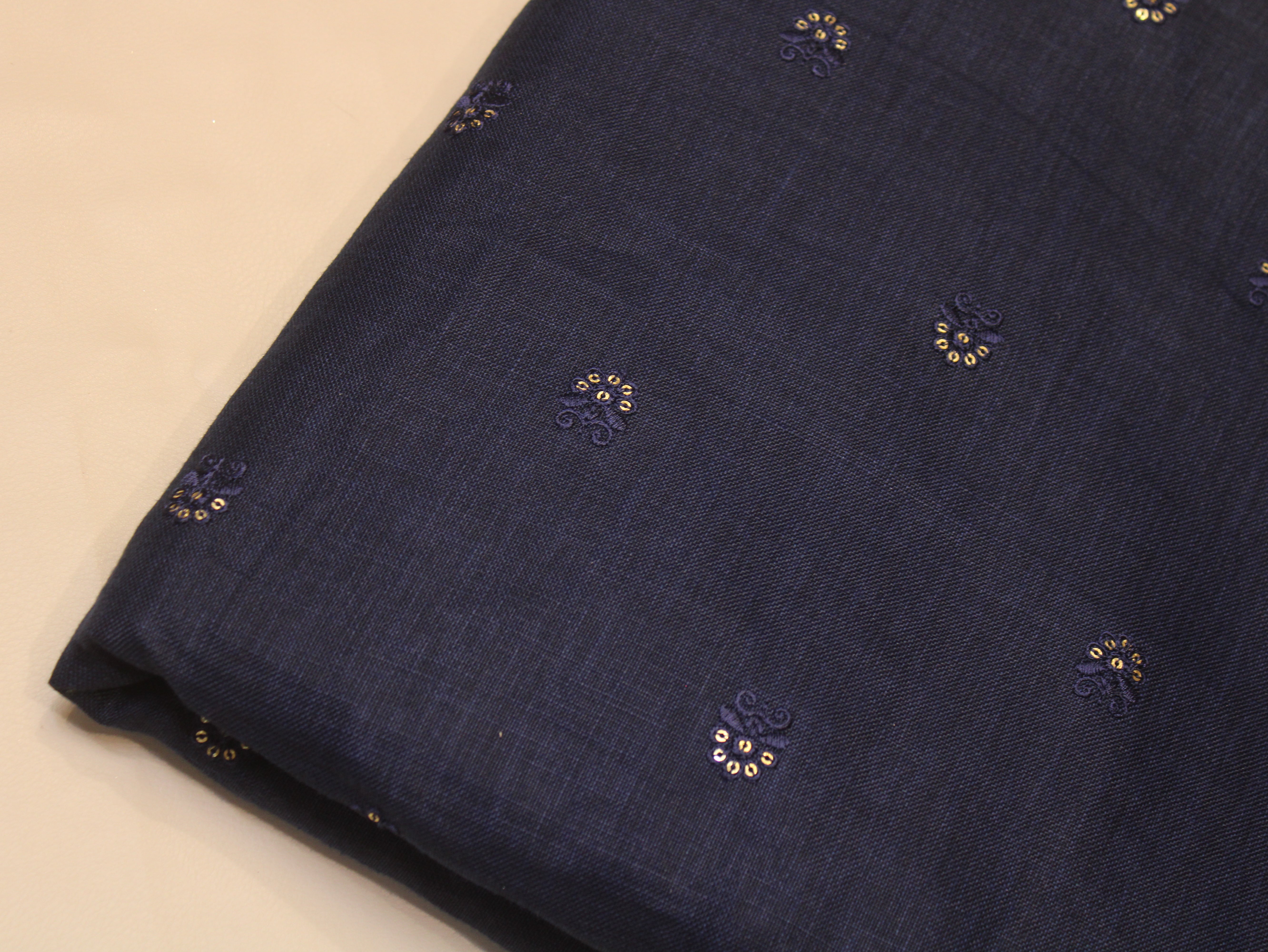 Cotton Linen Texture Fabric with Zari & Thread Motifs Embroidery - Navy Blue
