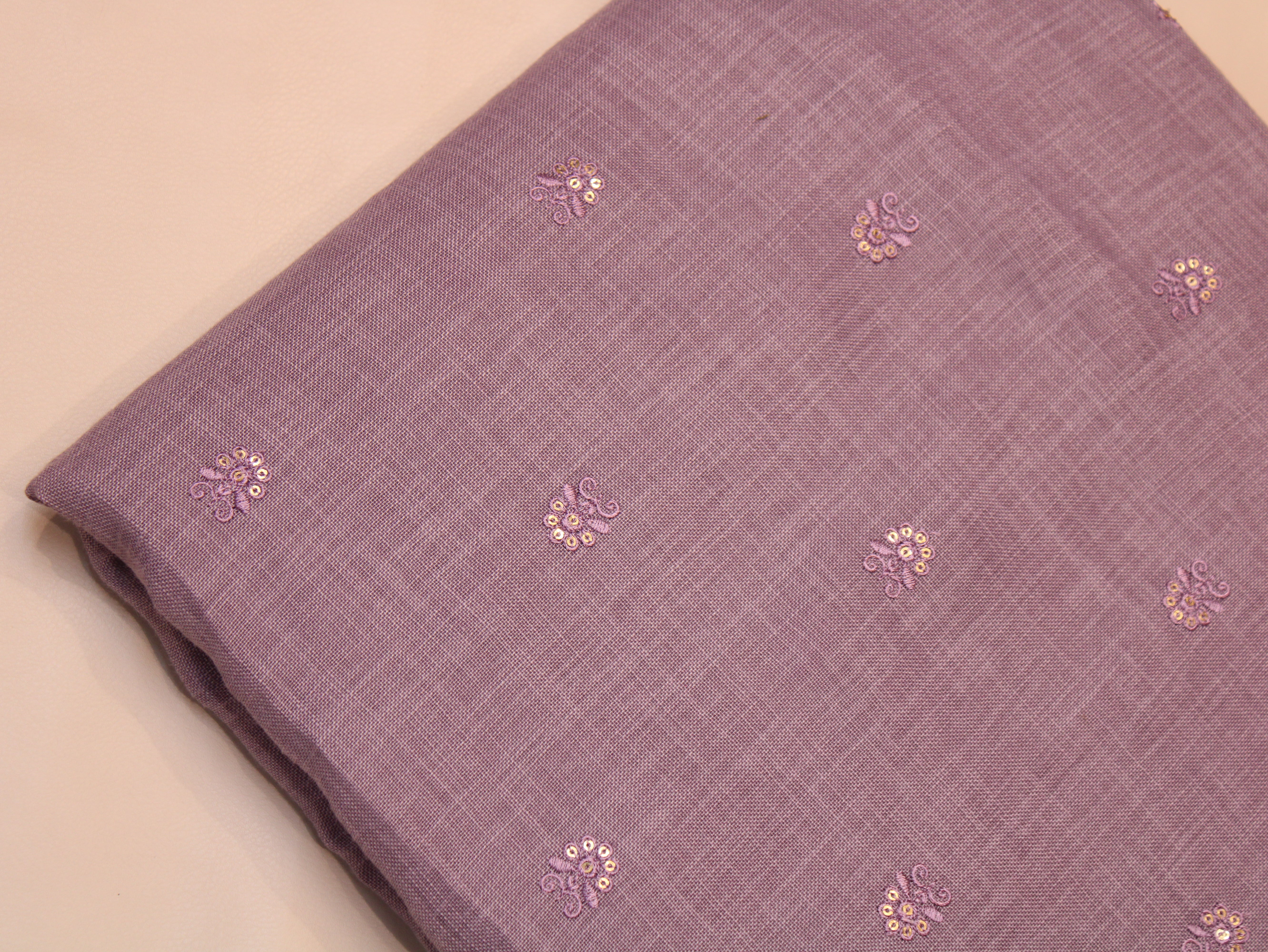 Cotton Linen Texture Fabric with Zari & Thread Motifs Embroidery - Lavender
