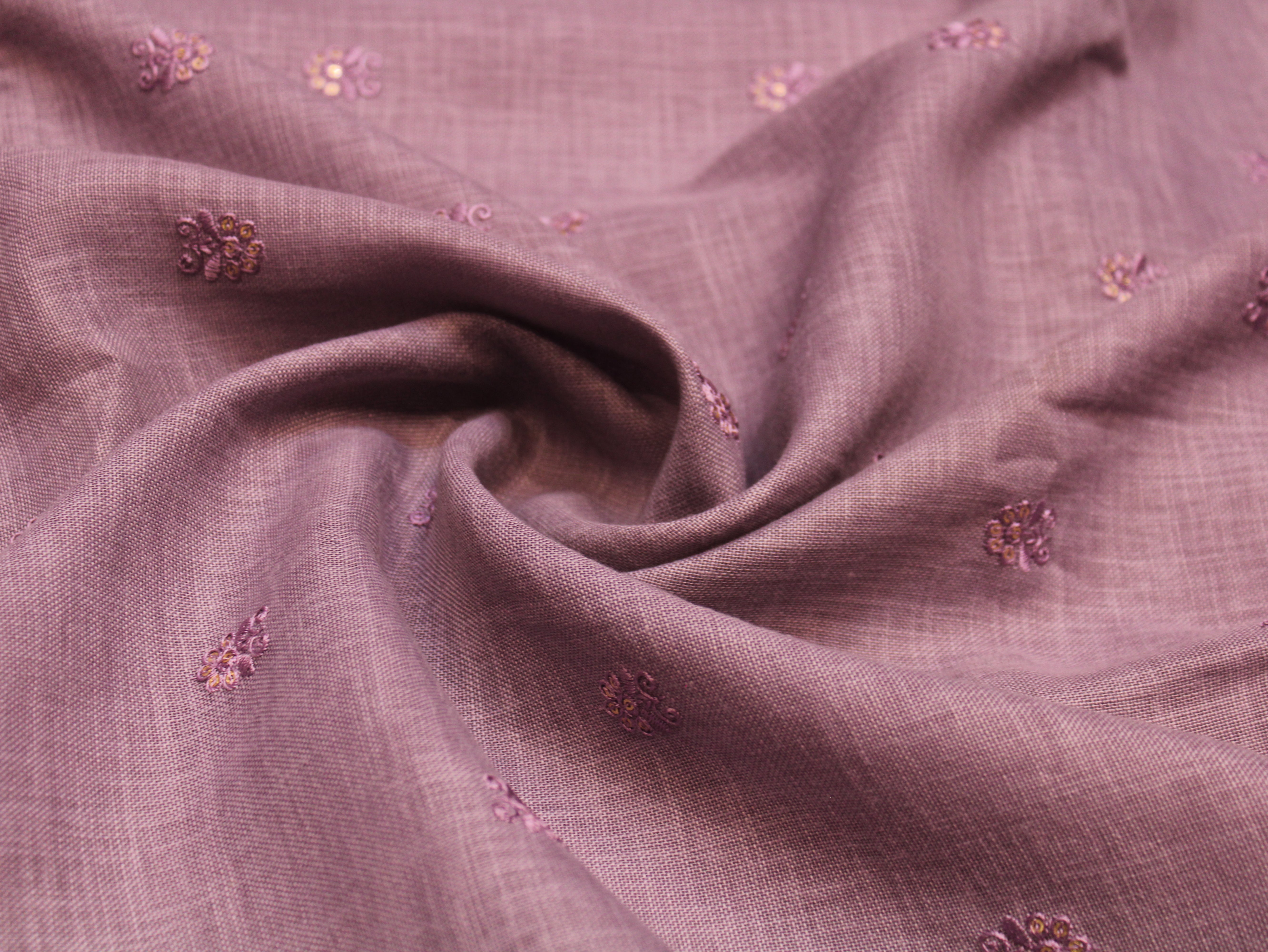 Cotton Linen Texture Fabric with Zari & Thread Motifs Embroidery - Lavender