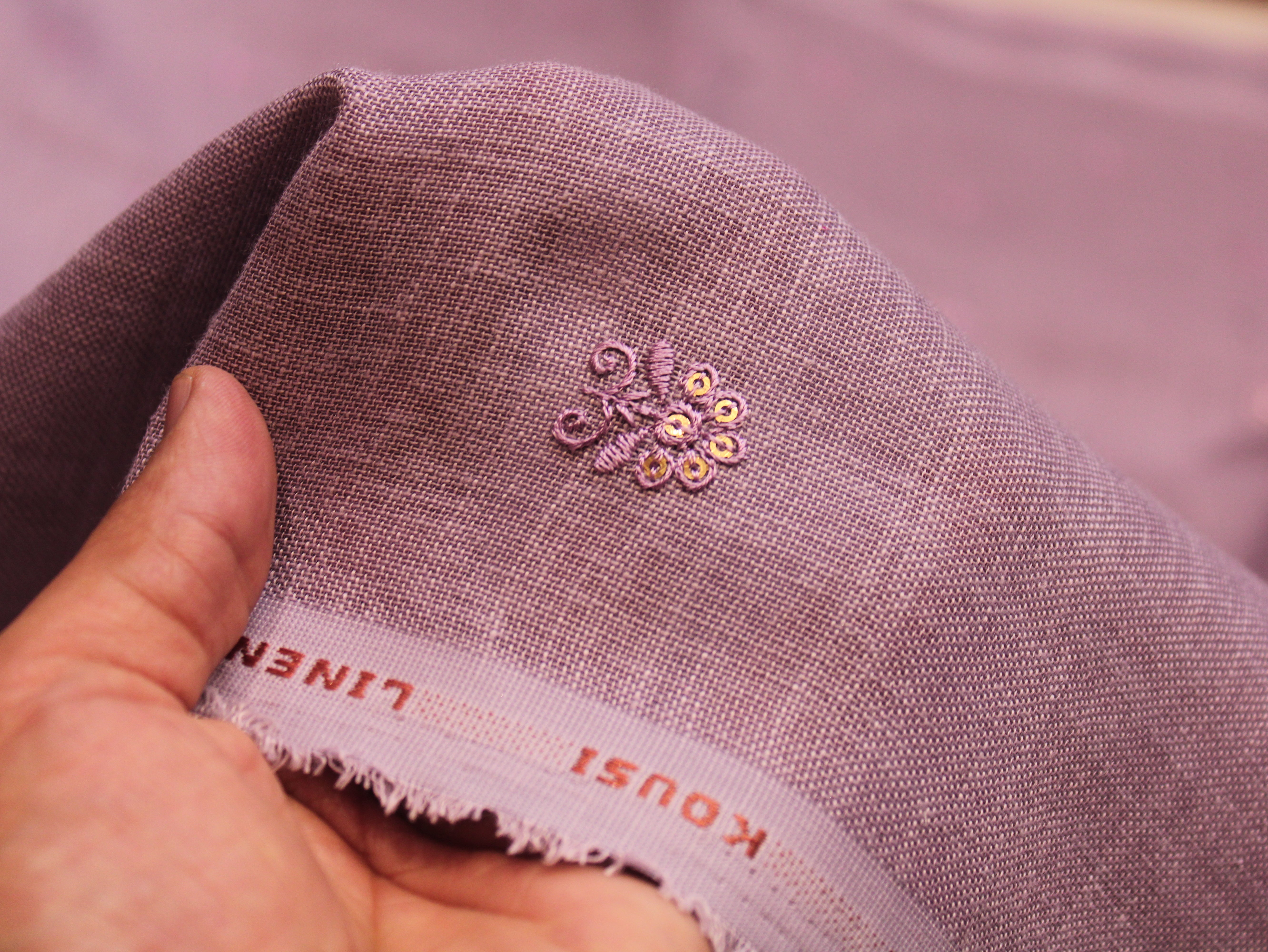 Cotton Linen Texture Fabric with Zari & Thread Motifs Embroidery - Lavender