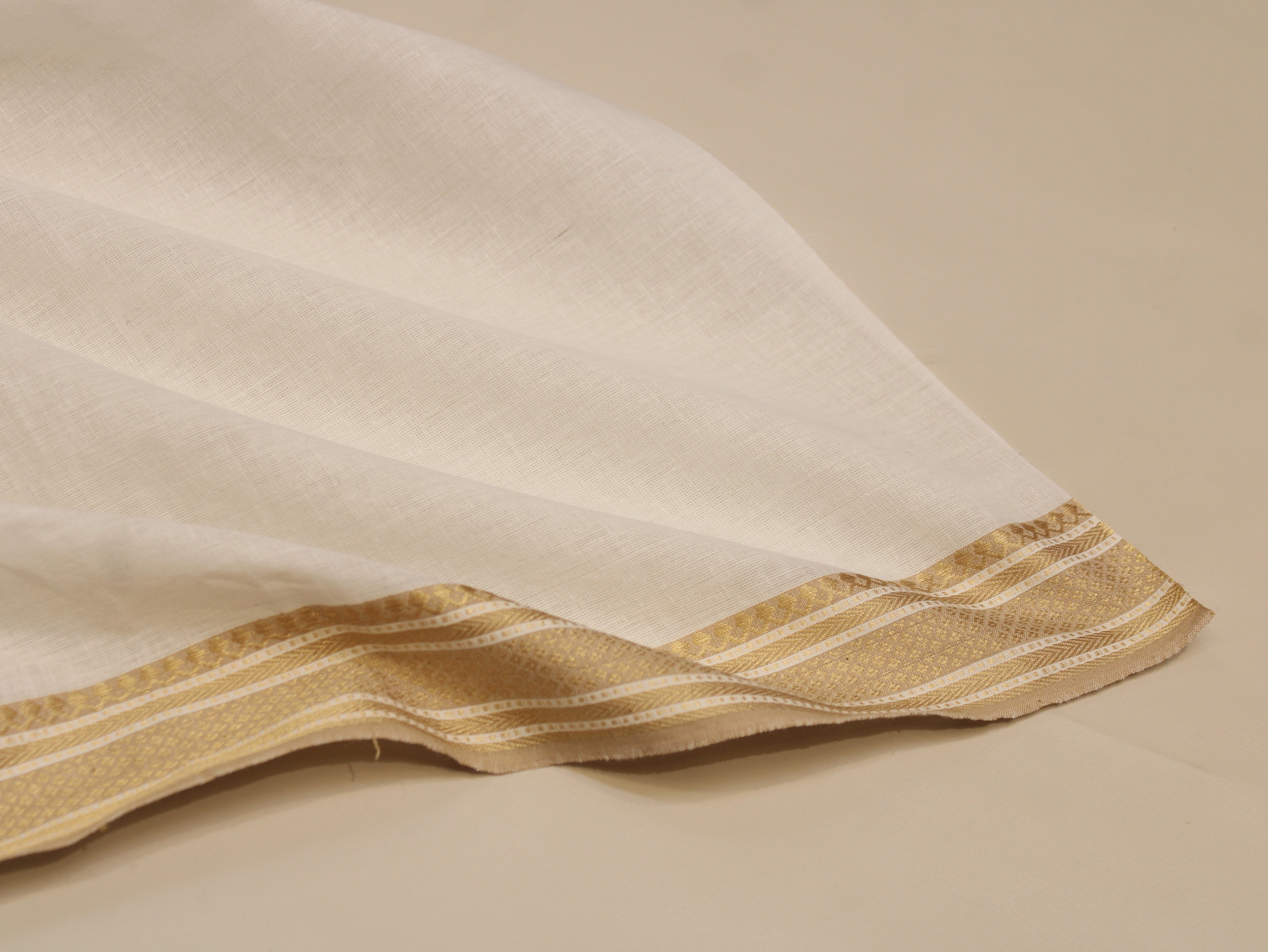 Pure Cotton Jamdani Fabric with Golden Resham Woven Border - 44 Inches