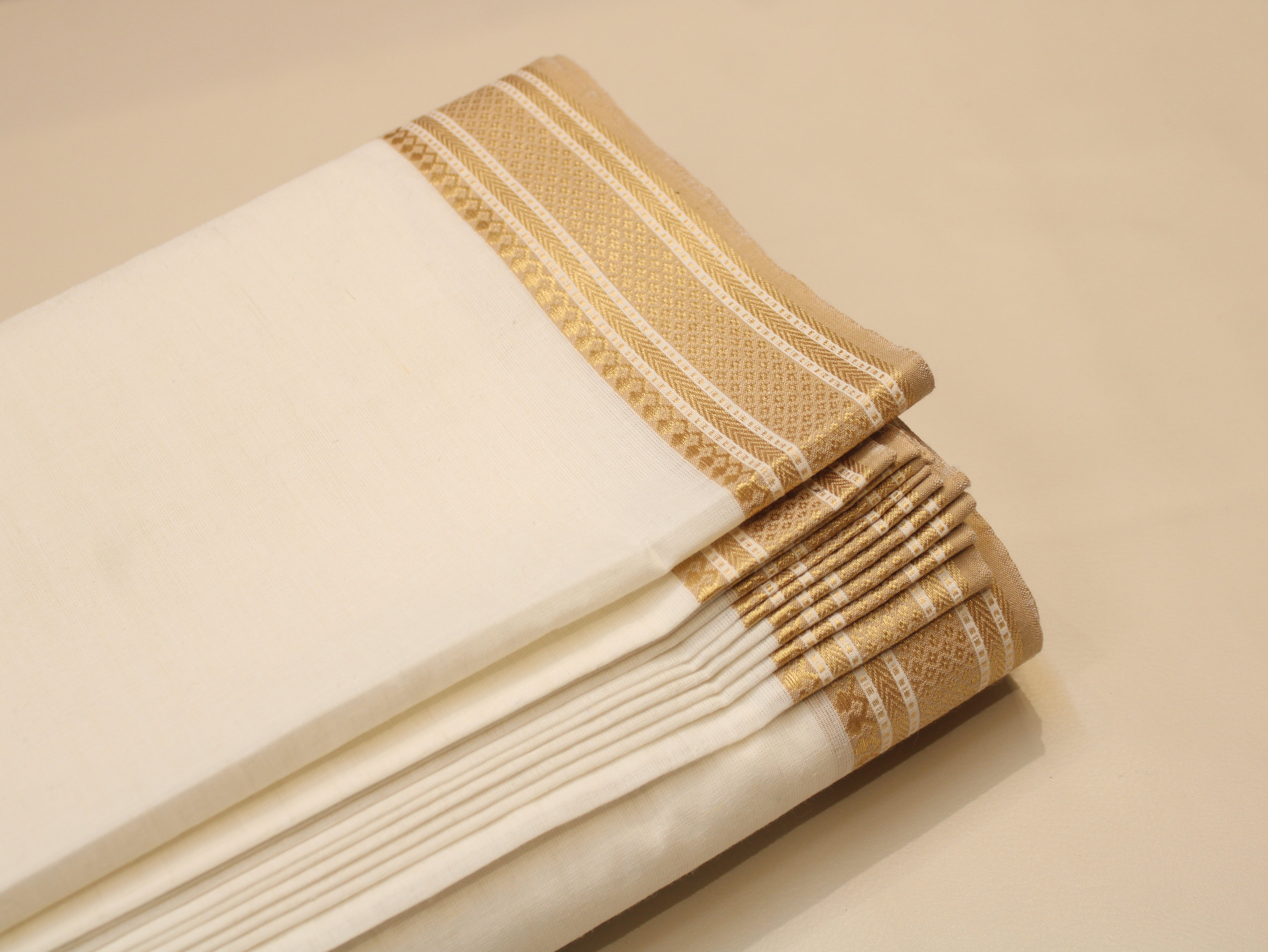 Pure Cotton Jamdani Fabric with Golden Resham Woven Border - 44 Inches