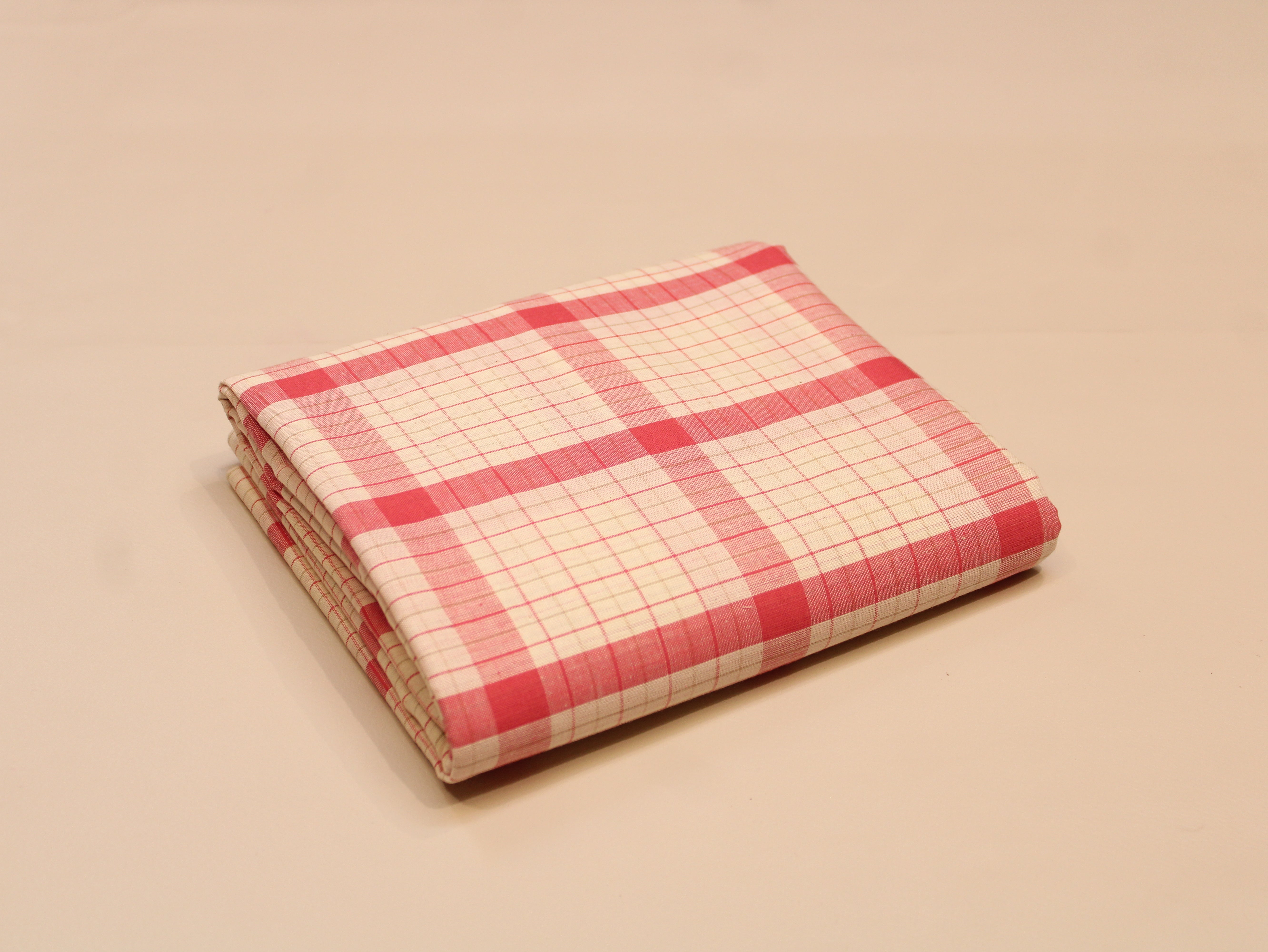 Pure Cotton Handloom Checked Fabric - 44 Inches - Peach Checked