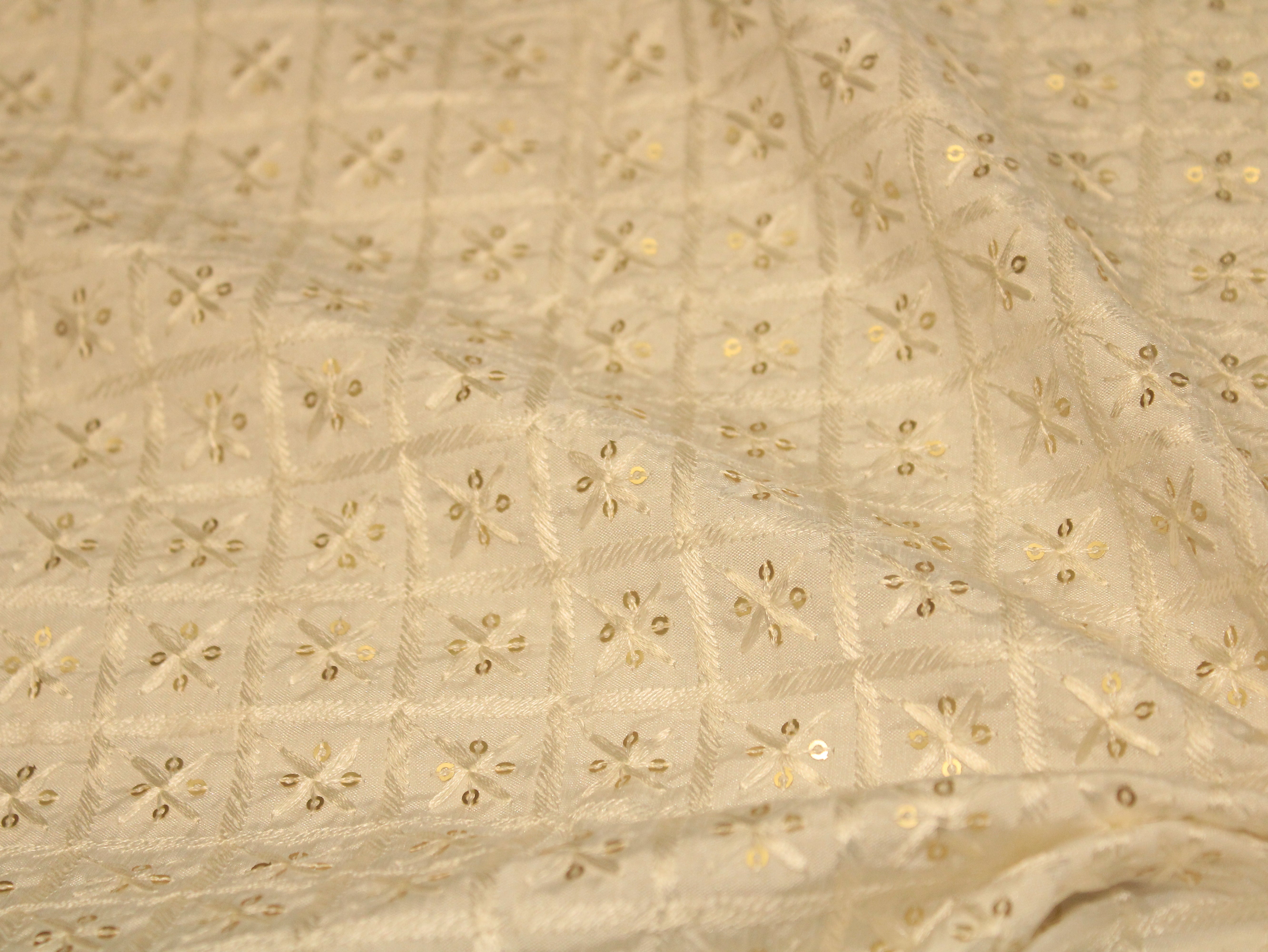 White Non Dyeable Roman Silk Lucknowi Fabric