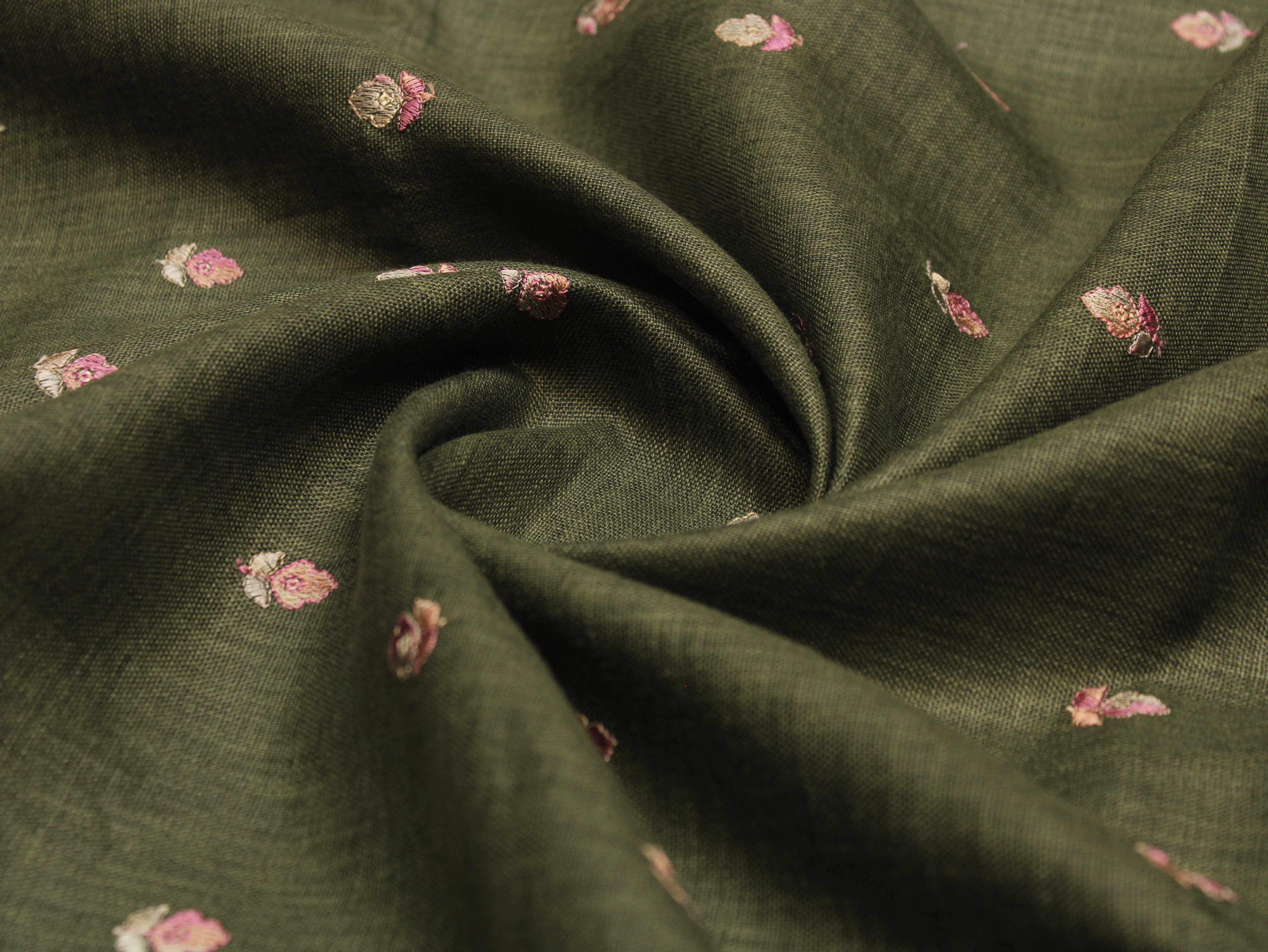 Cotton Linen Texture Fabric with Zari & Thread Motifs Embroidery - Emerald Green