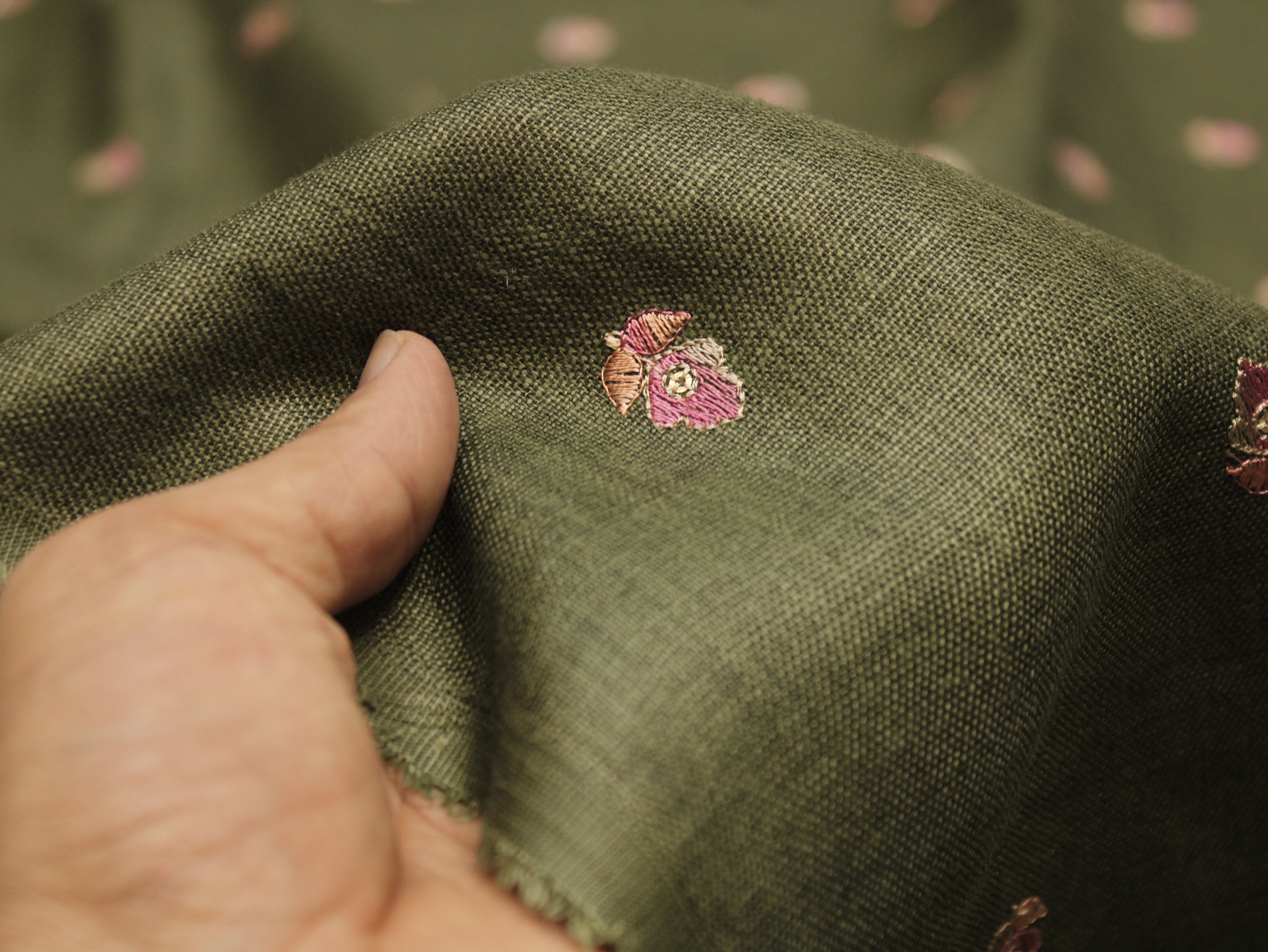 Cotton Linen Texture Fabric with Zari & Thread Motifs Embroidery - Emerald Green