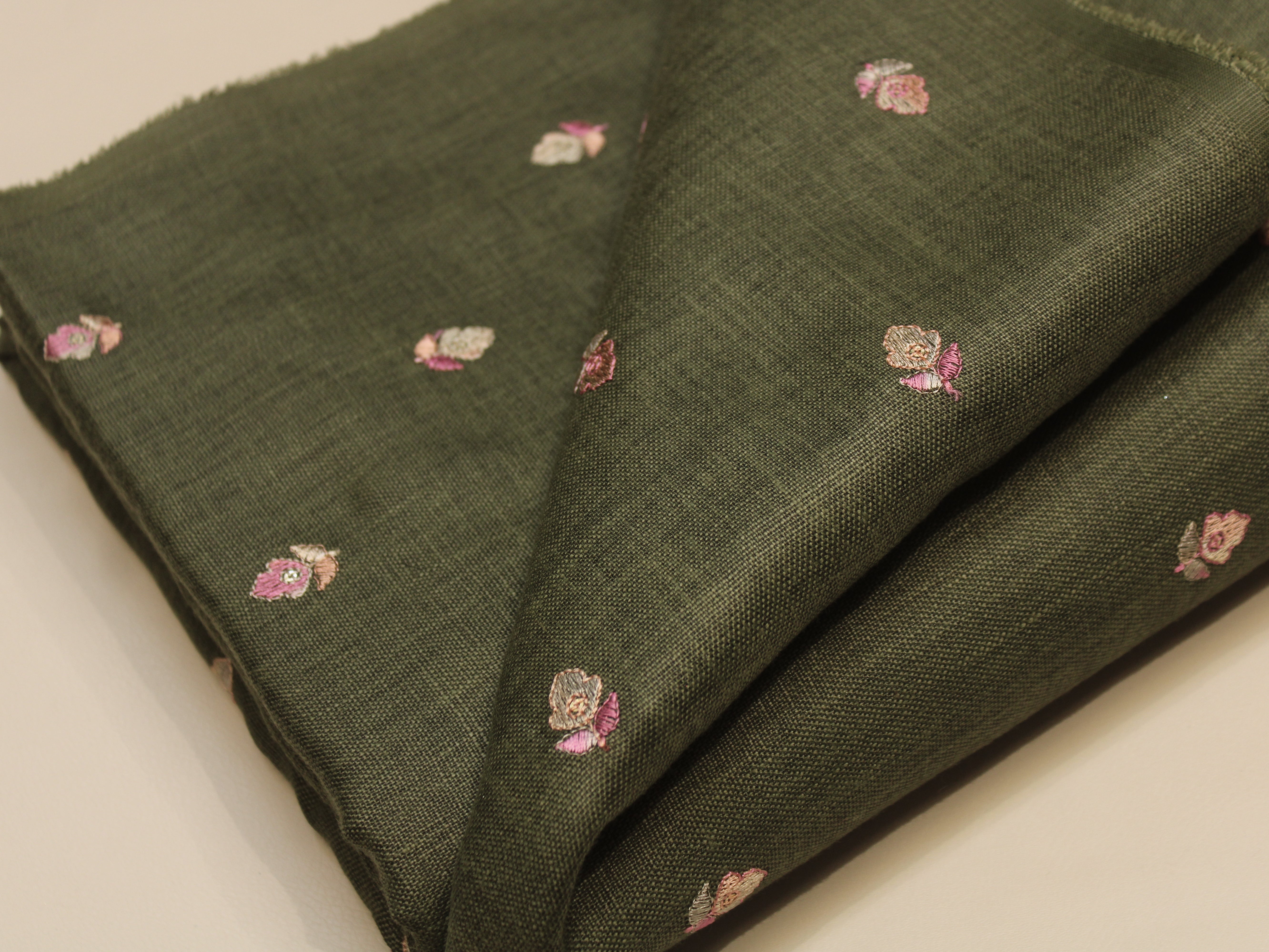 Cotton Linen Texture Fabric with Zari & Thread Motifs Embroidery - Emerald Green