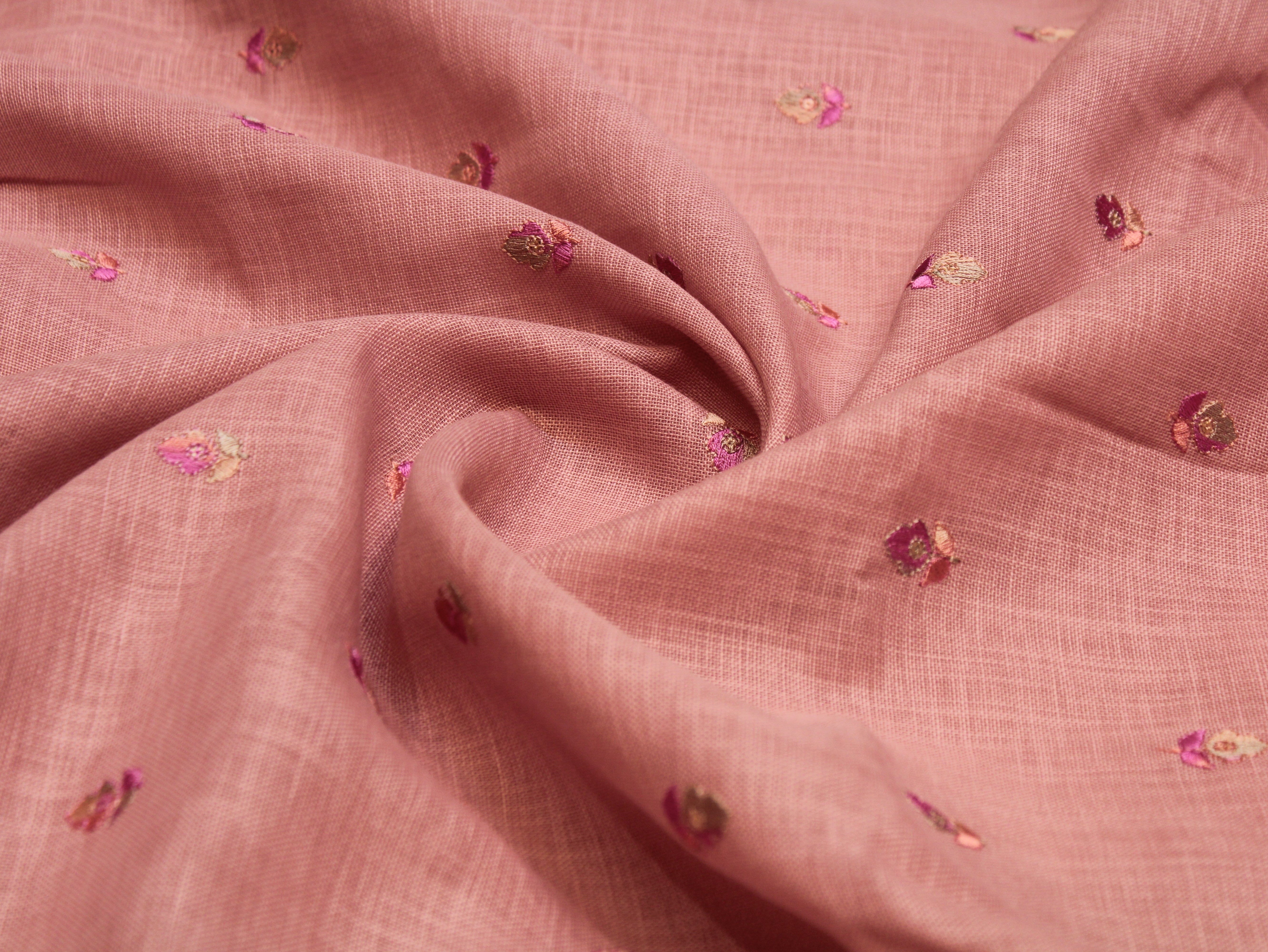 Cotton Linen Texture Fabric with Zari & Thread Motifs Embroidery - Peach