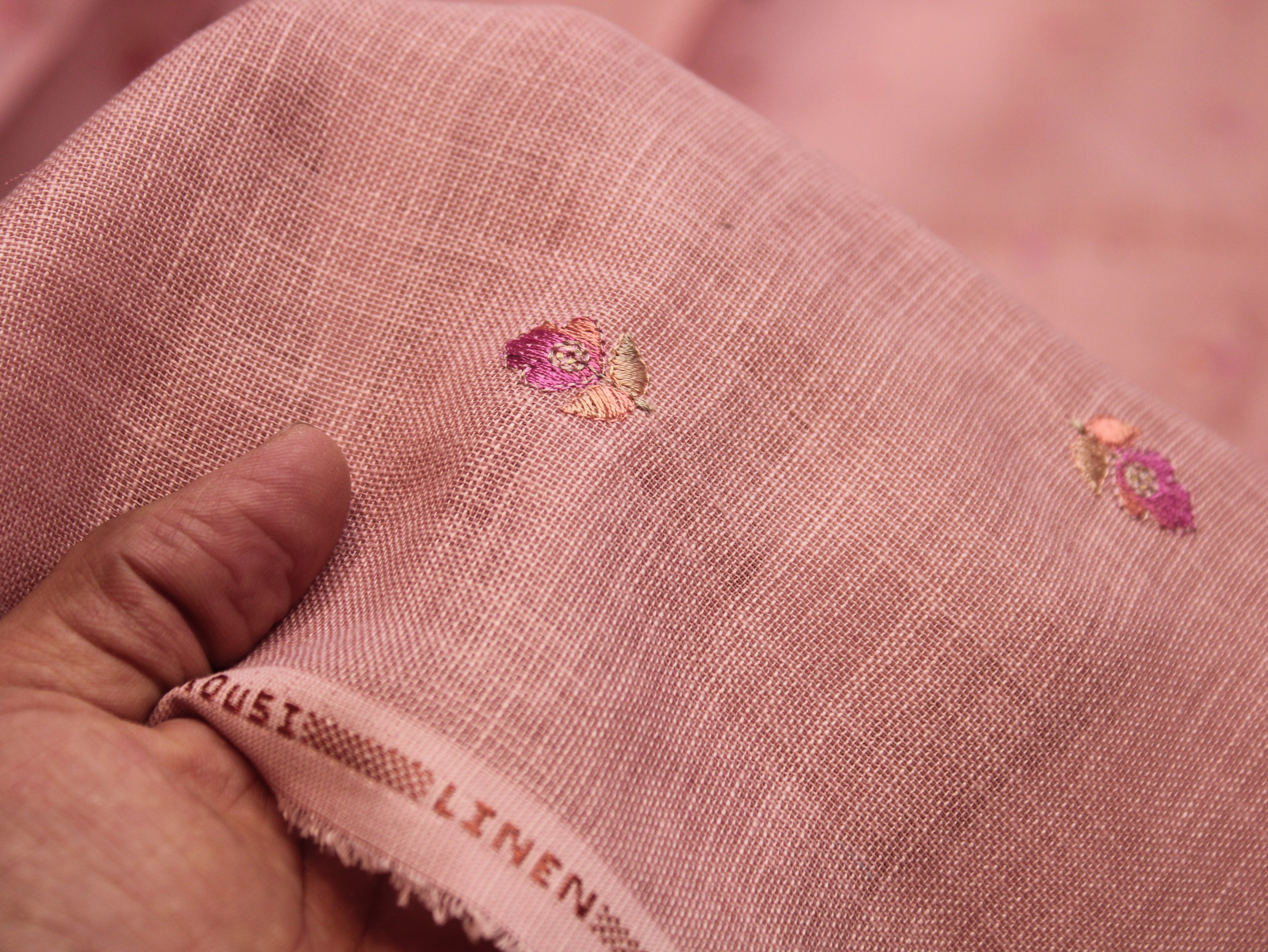 Cotton Linen Texture Fabric with Zari & Thread Motifs Embroidery - Peach