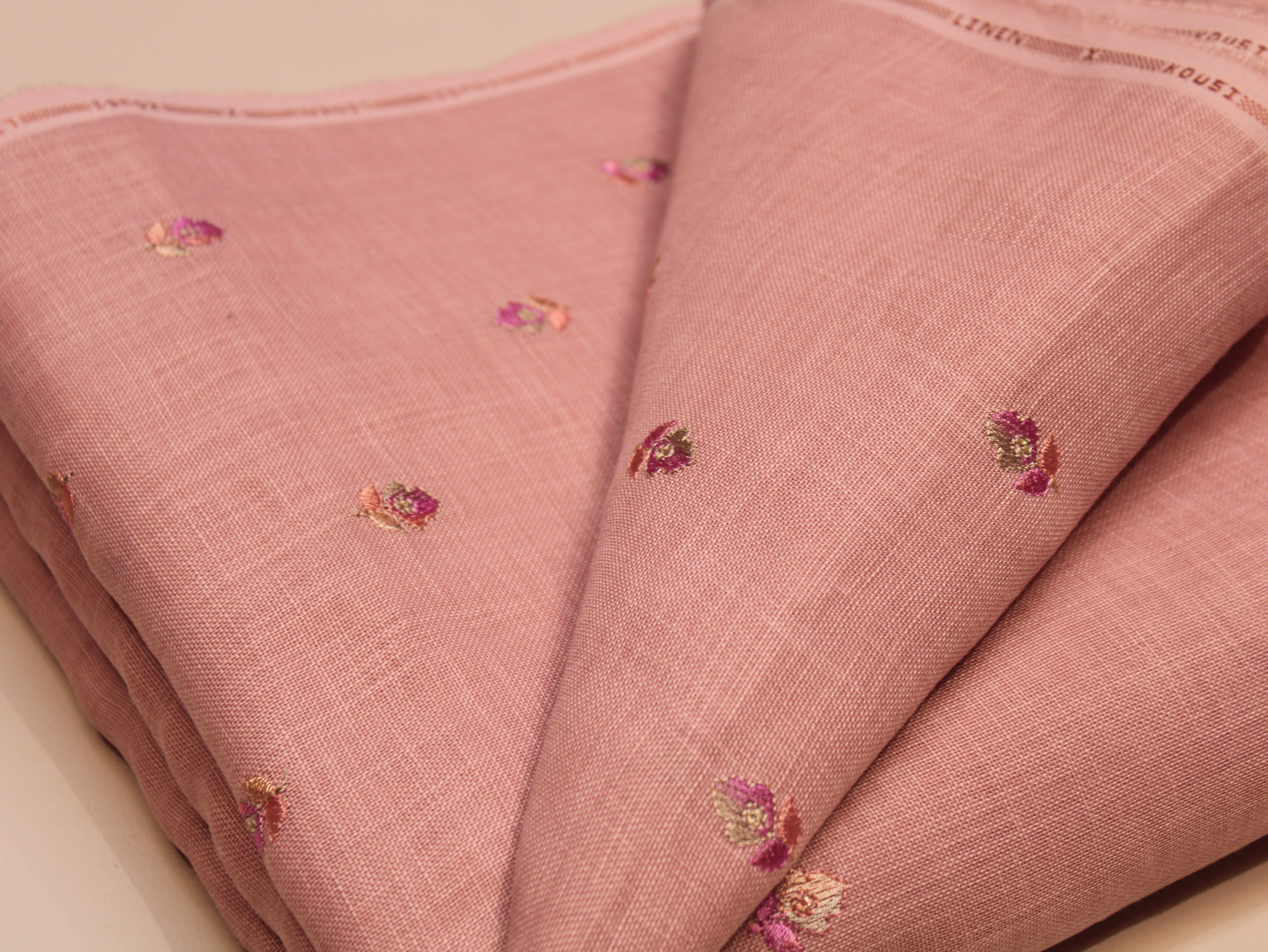 Cotton Linen Texture Fabric with Zari & Thread Motifs Embroidery - Peach