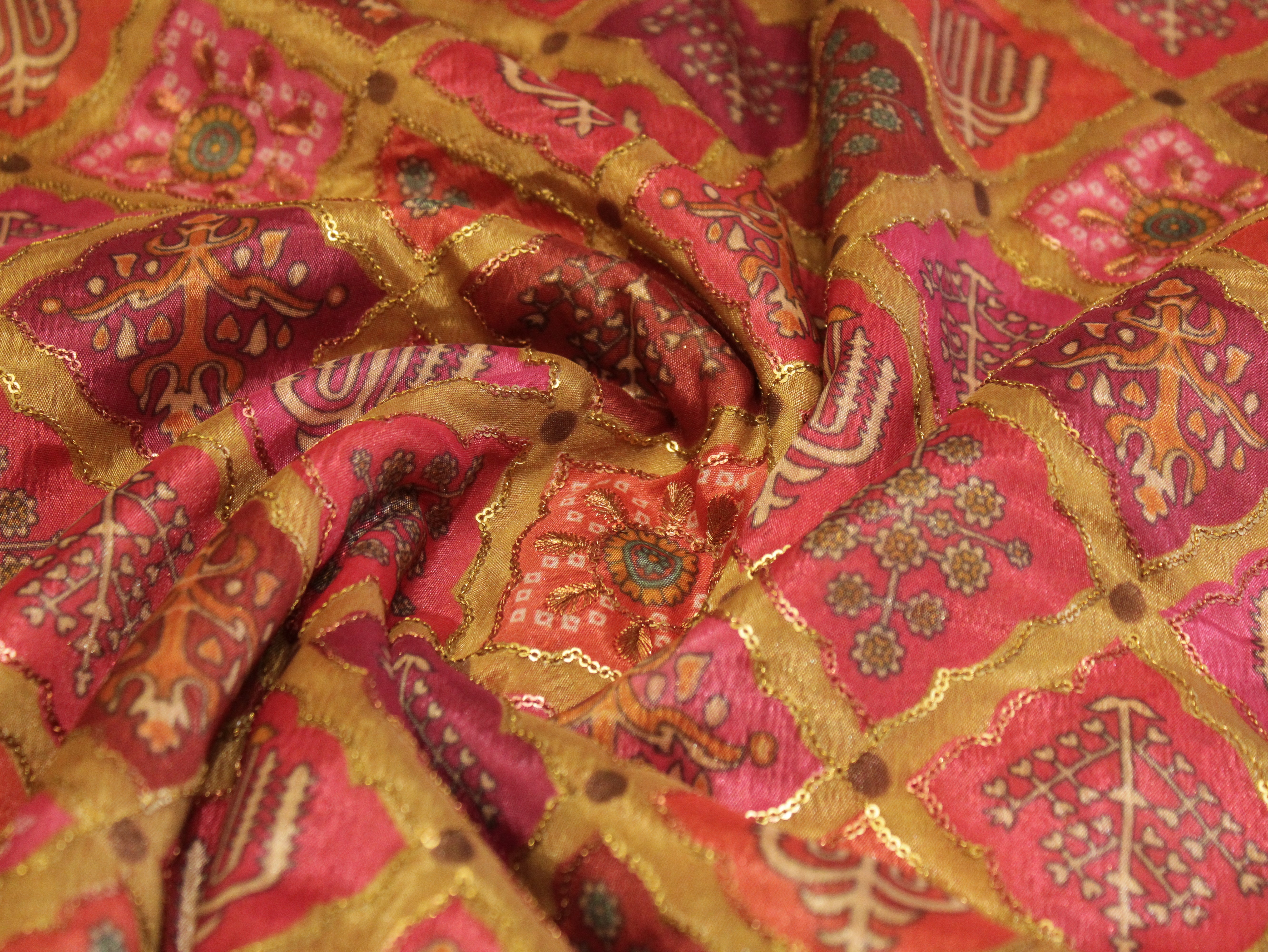 Vintage - Viscose Chinon Silk with Digital Print & Sequin Work Fabric - Pink