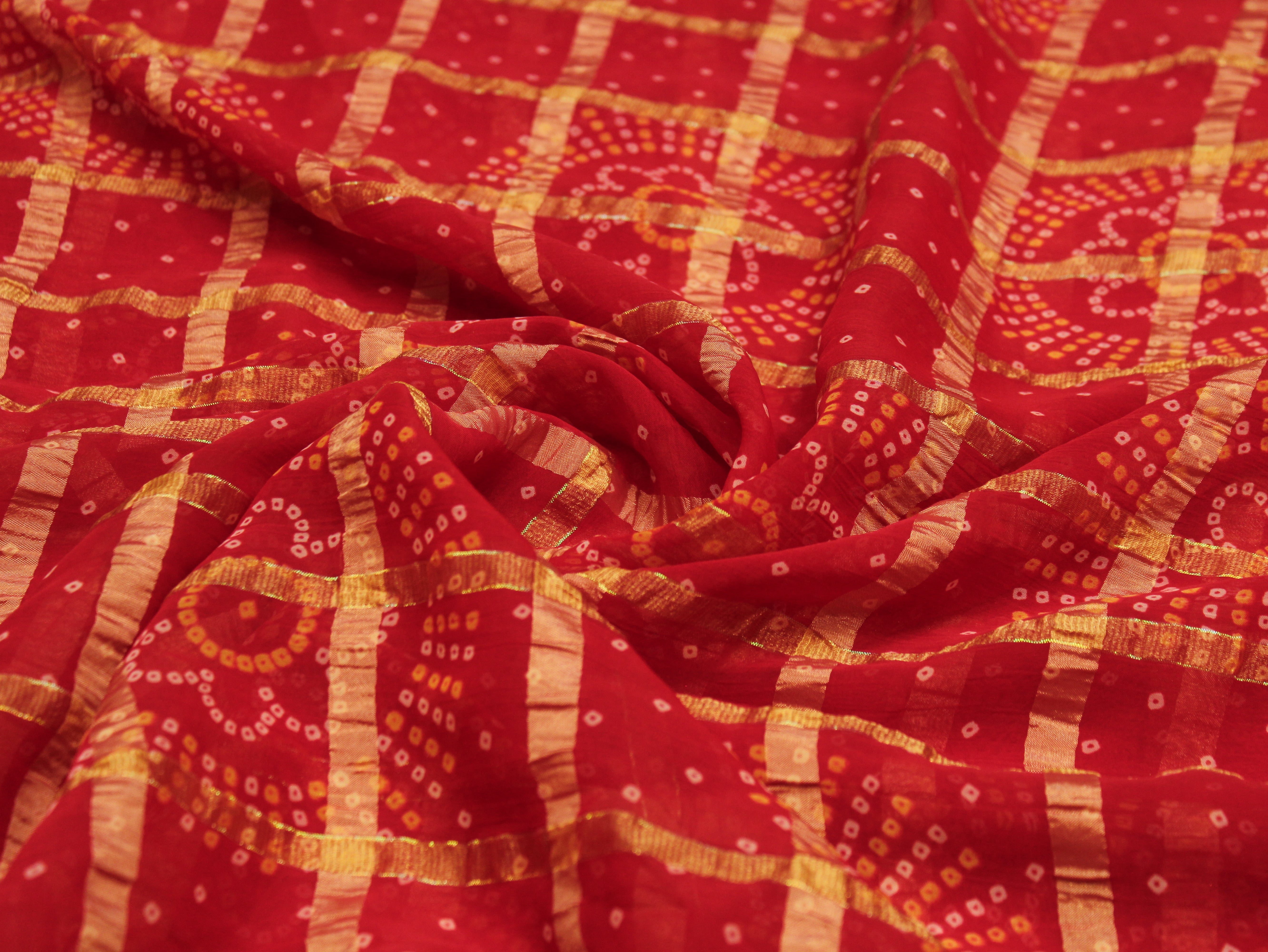 Faux Georgette Bandhini with Zari Woven Check Design 44 Inches | Red