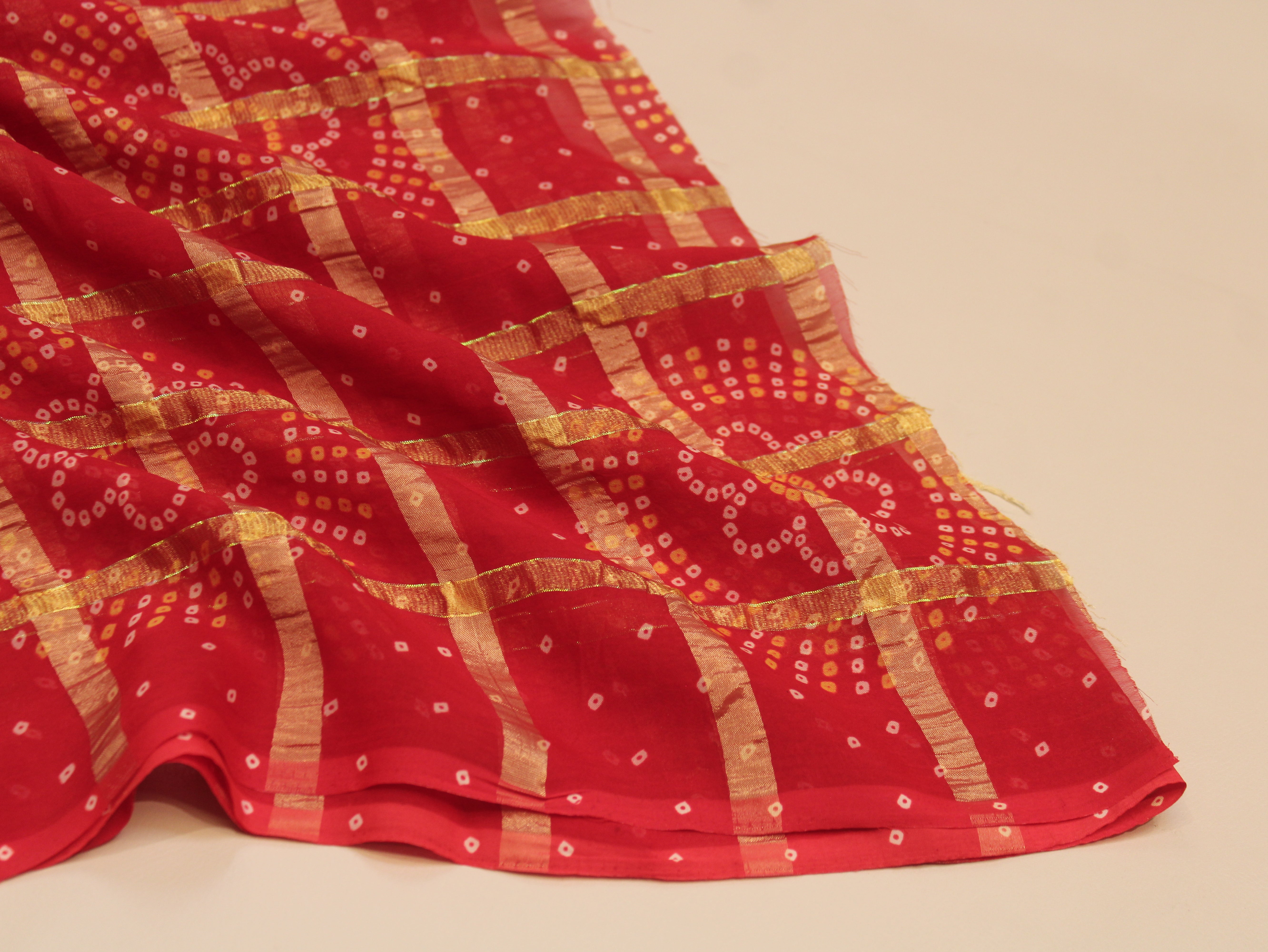 Faux Georgette Bandhini with Zari Woven Check Design 44 Inches | Red