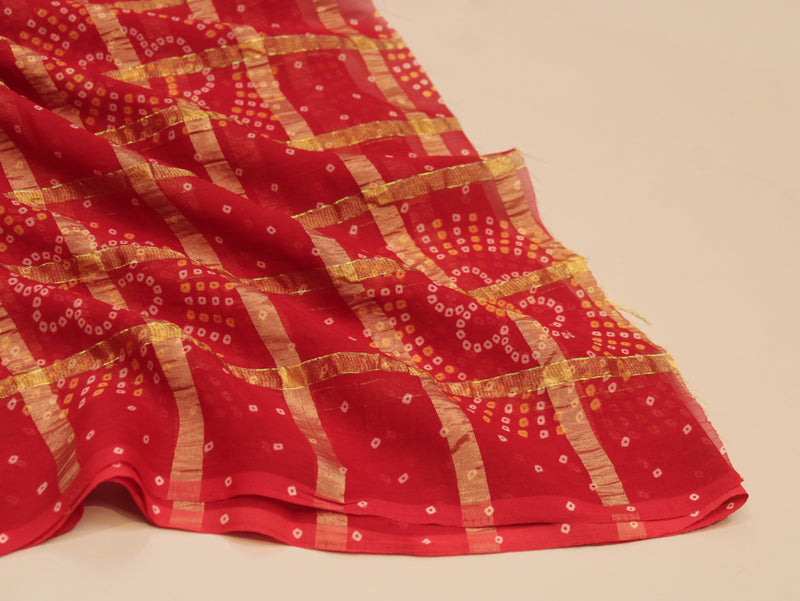 Faux Georgette Bandhini with Zari Woven Check Design 44 Inches | Red