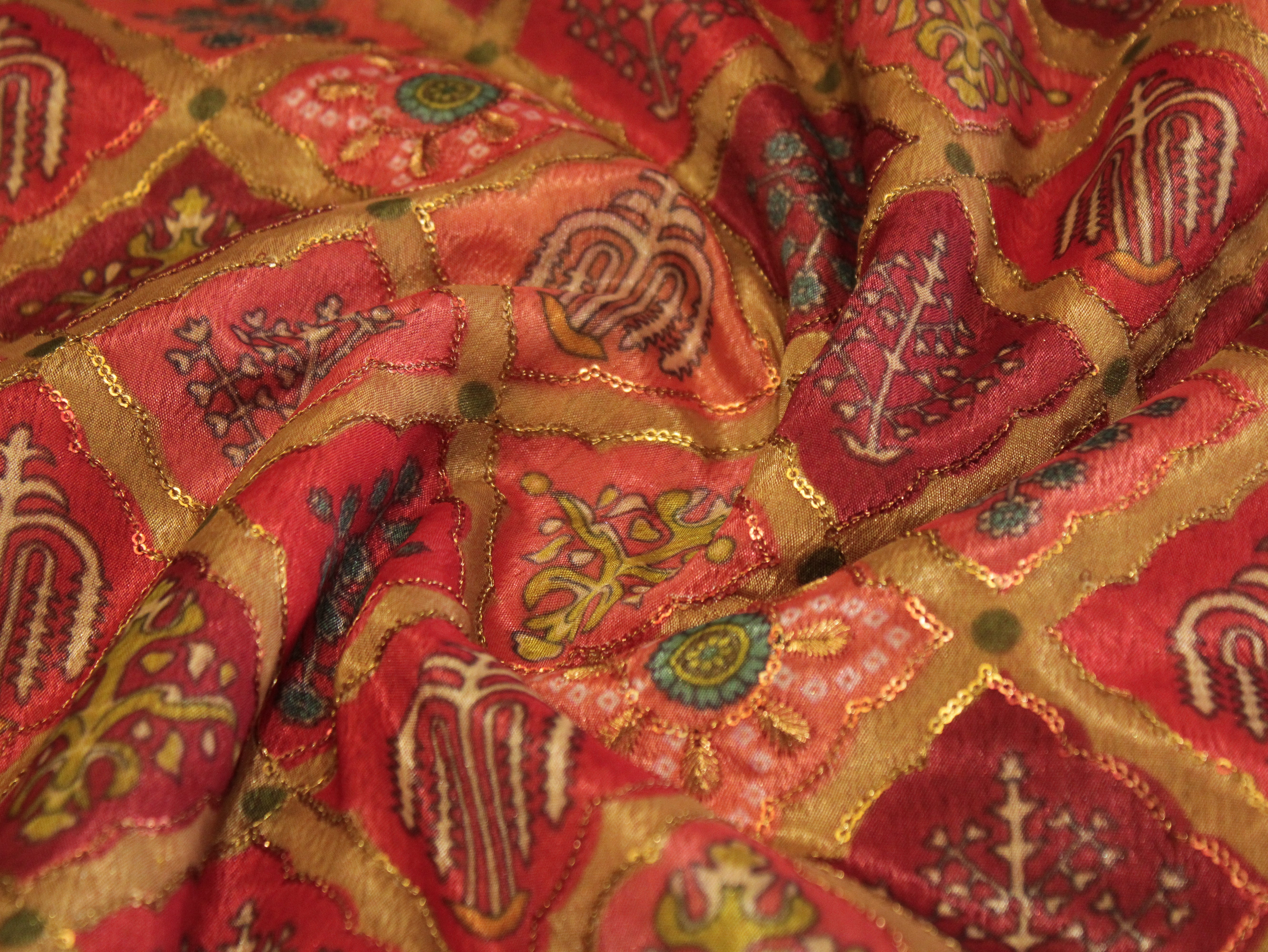 Vintage - Viscose Chinon Silk with Digital Print & Sequin Work Fabric - Red