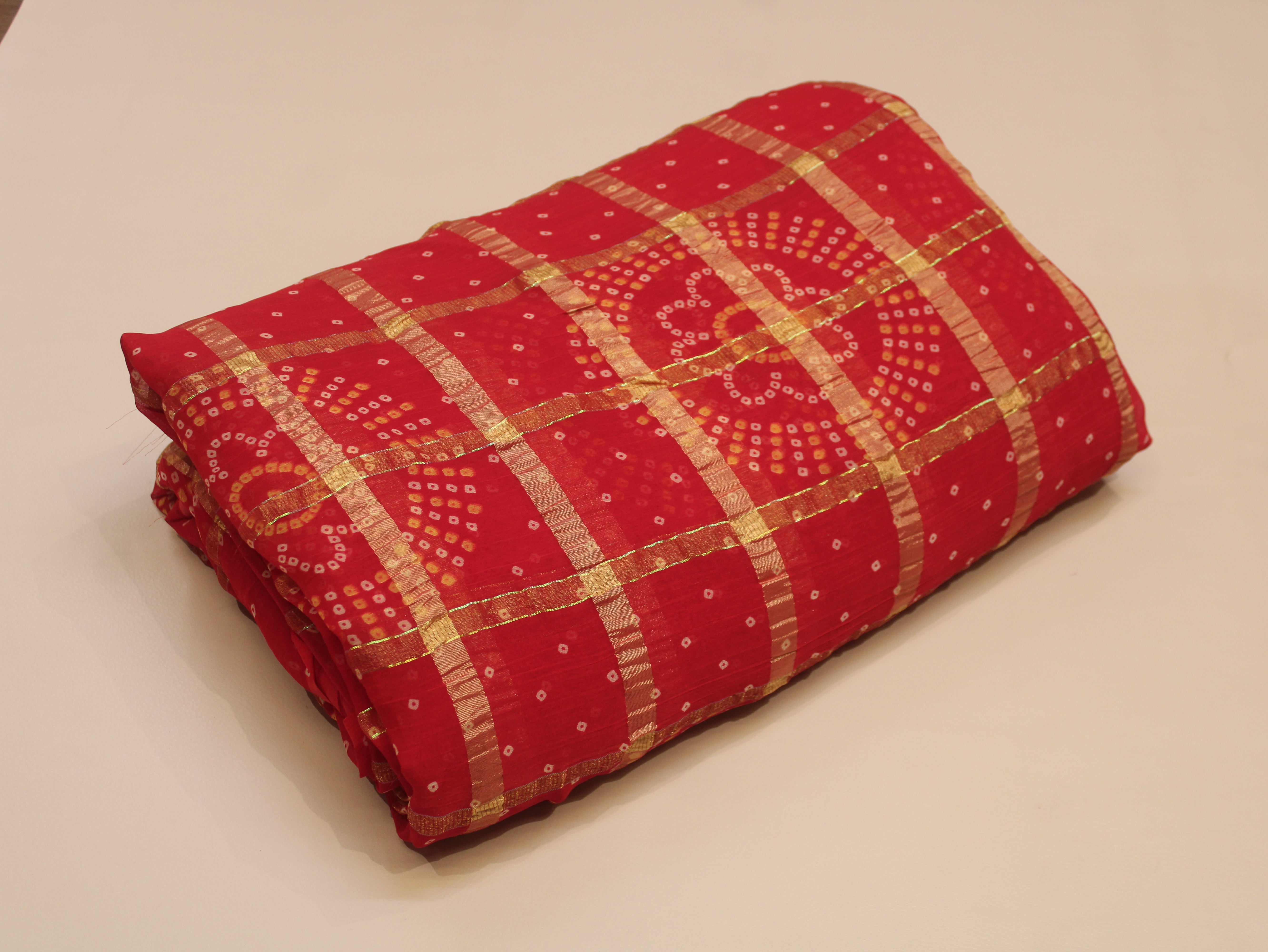 Faux Georgette Bandhini with Zari Woven Check Design 44 Inches | Red