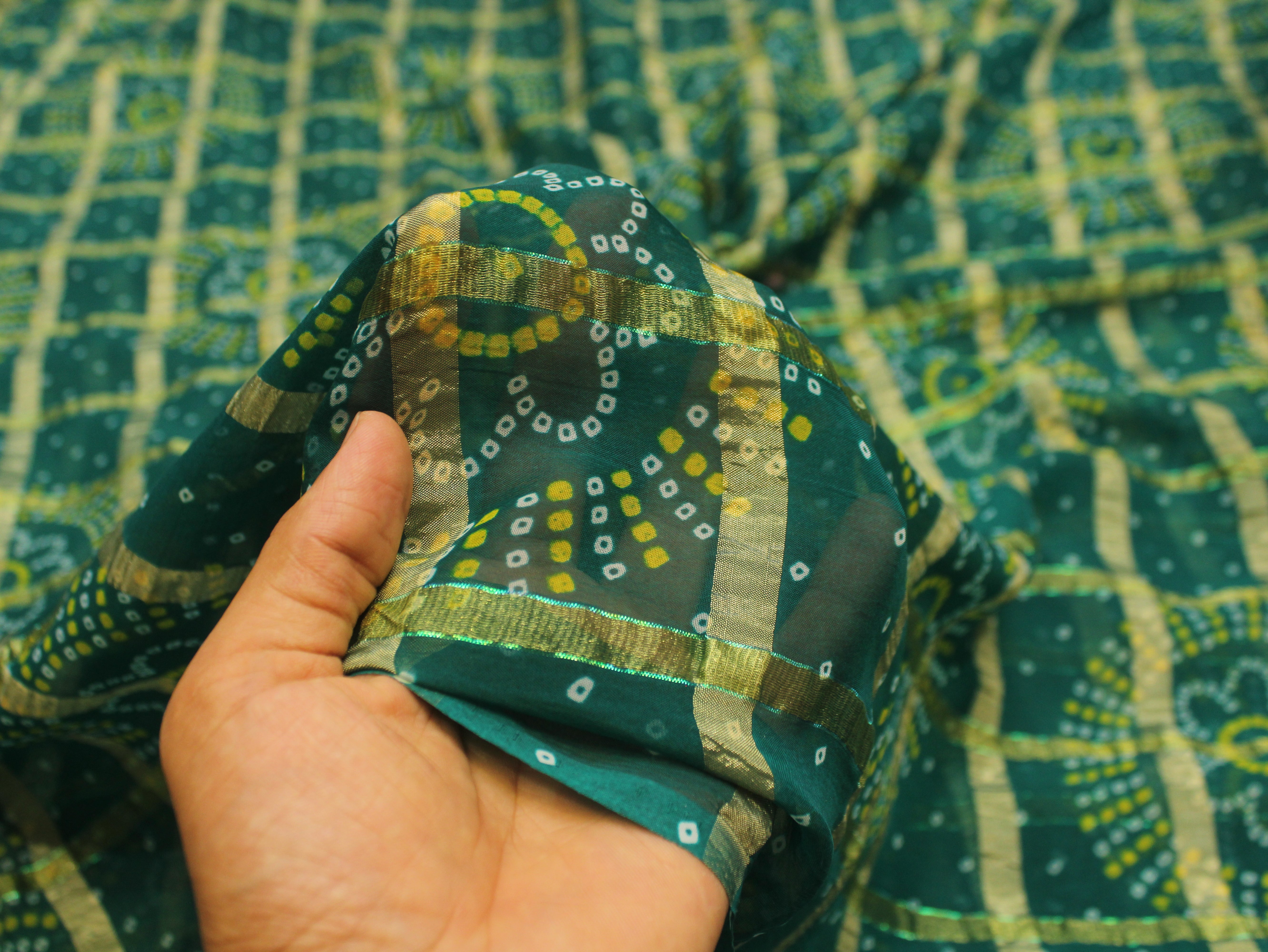 Faux Georgette Bandhini with Zari Woven Check Design 44 Inches | Rama Green