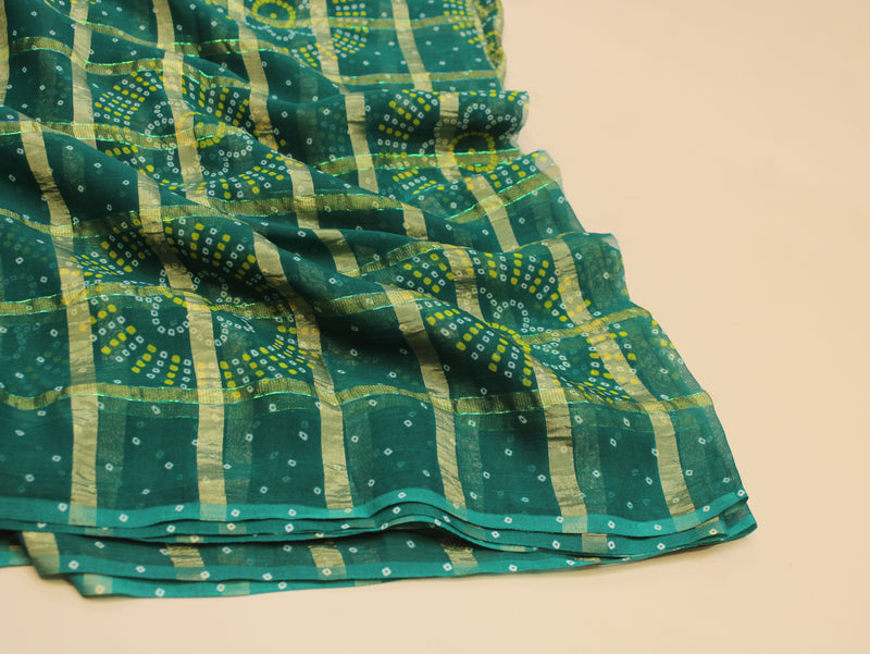Faux Georgette Bandhini with Zari Woven Check Design 44 Inches | Rama Green