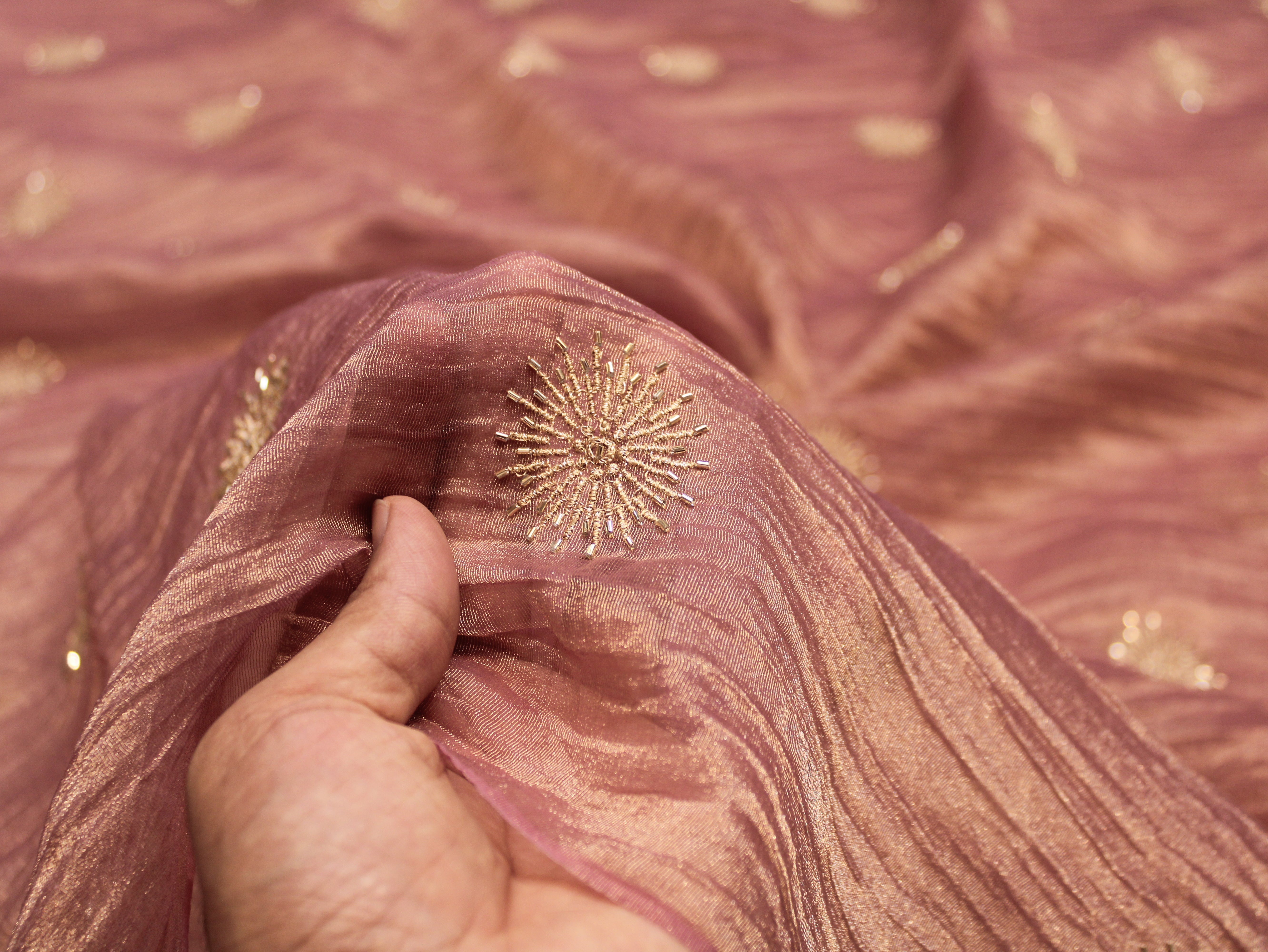 Banarsi Tissue Fabric with Semi Beads Buta Work 44 Inches | Onion