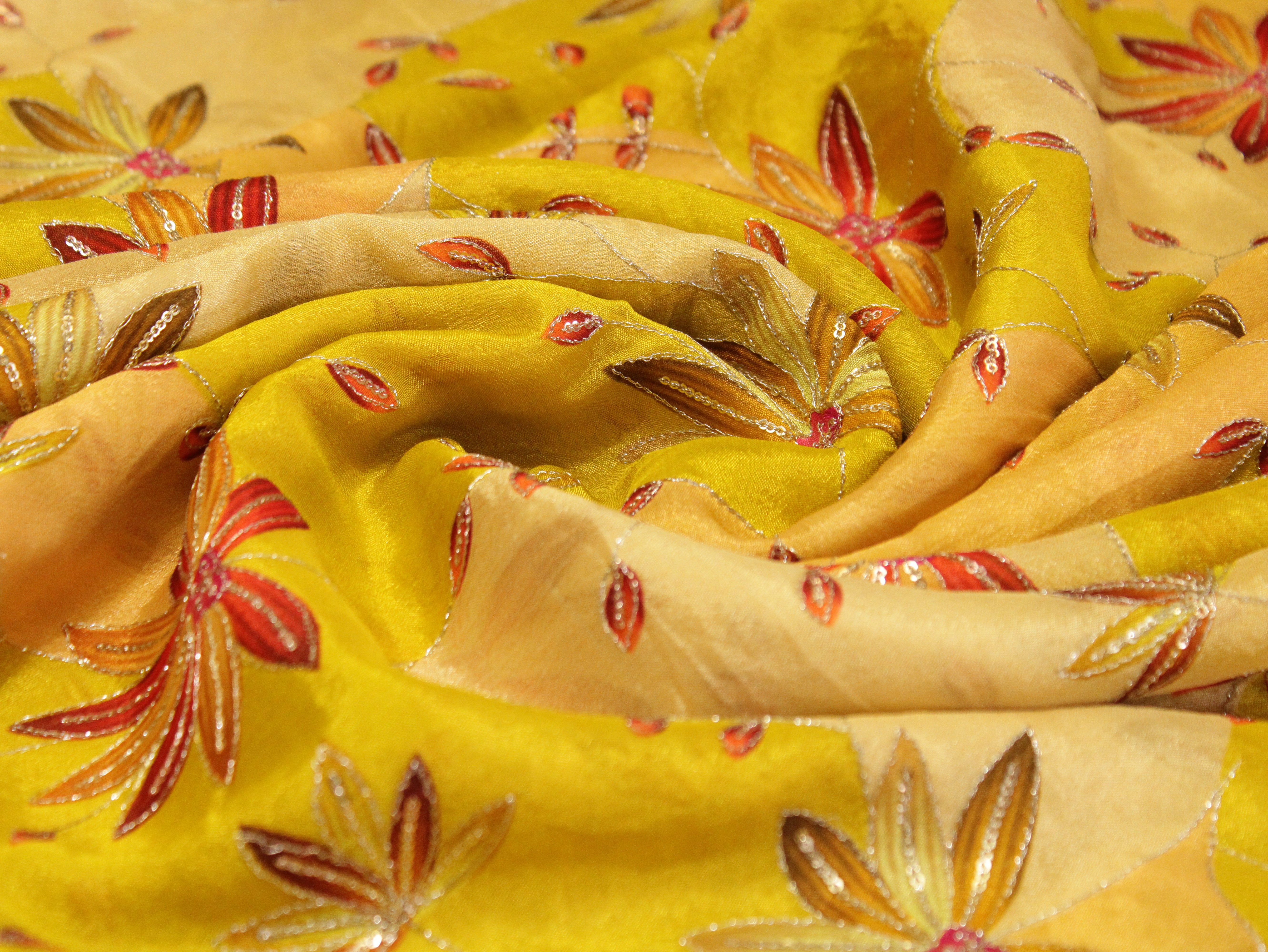 POSH : Digital Print with position work Chinon Fabric - Yellow