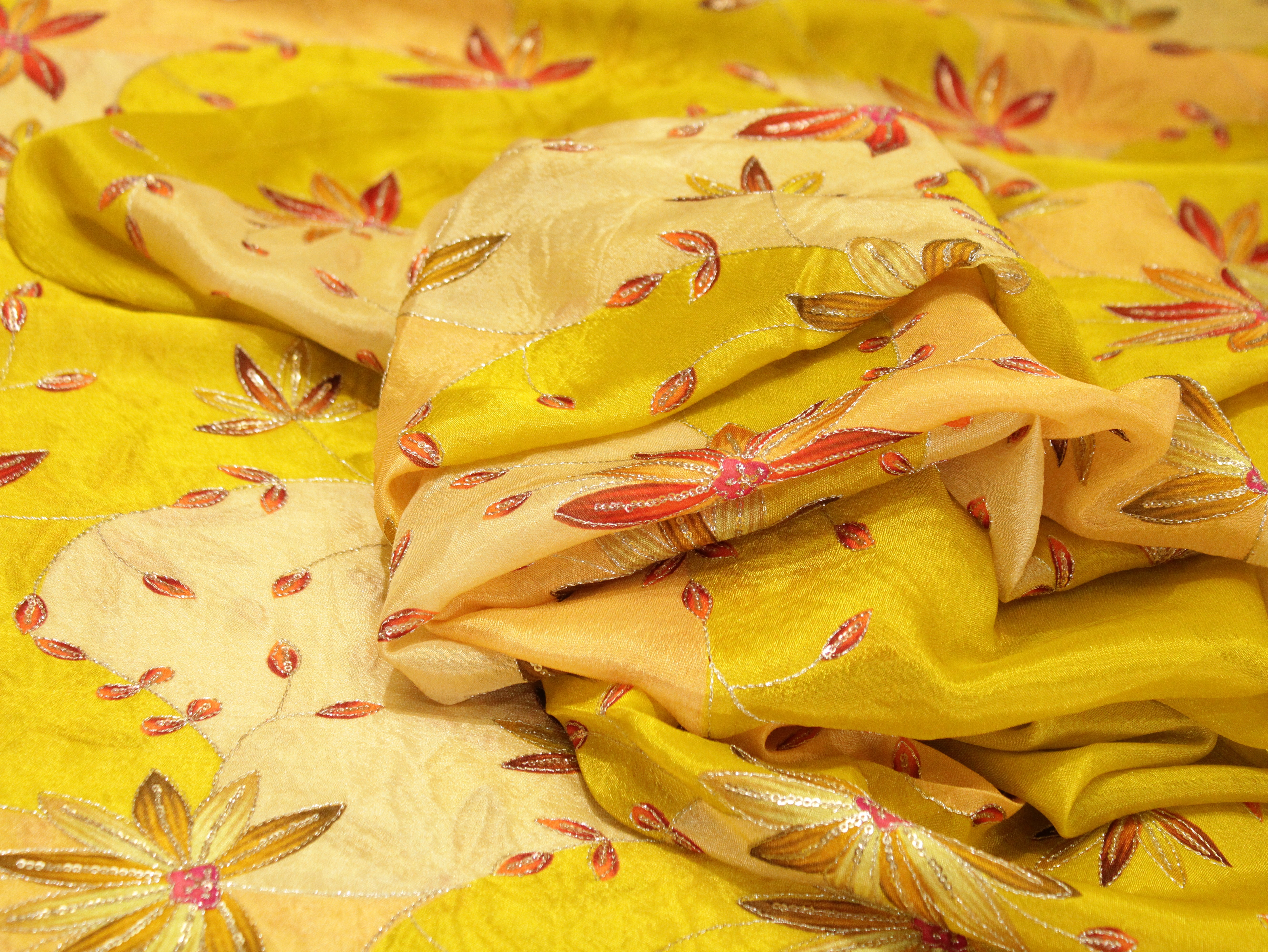 POSH : Digital Print with position work Chinon Fabric - Yellow