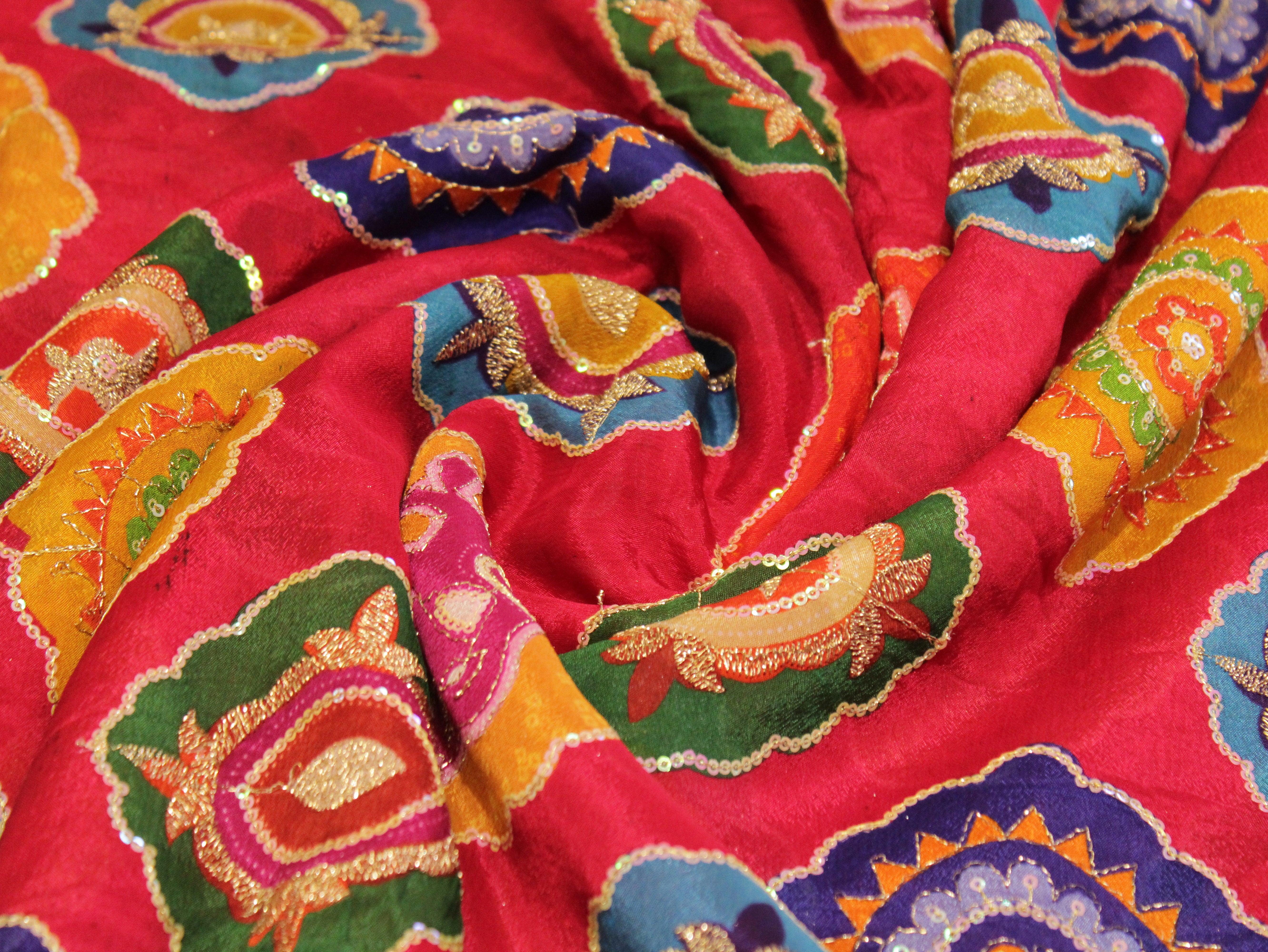 POSH : Digital Print with position work Chinon Fabric - Cherry Rani