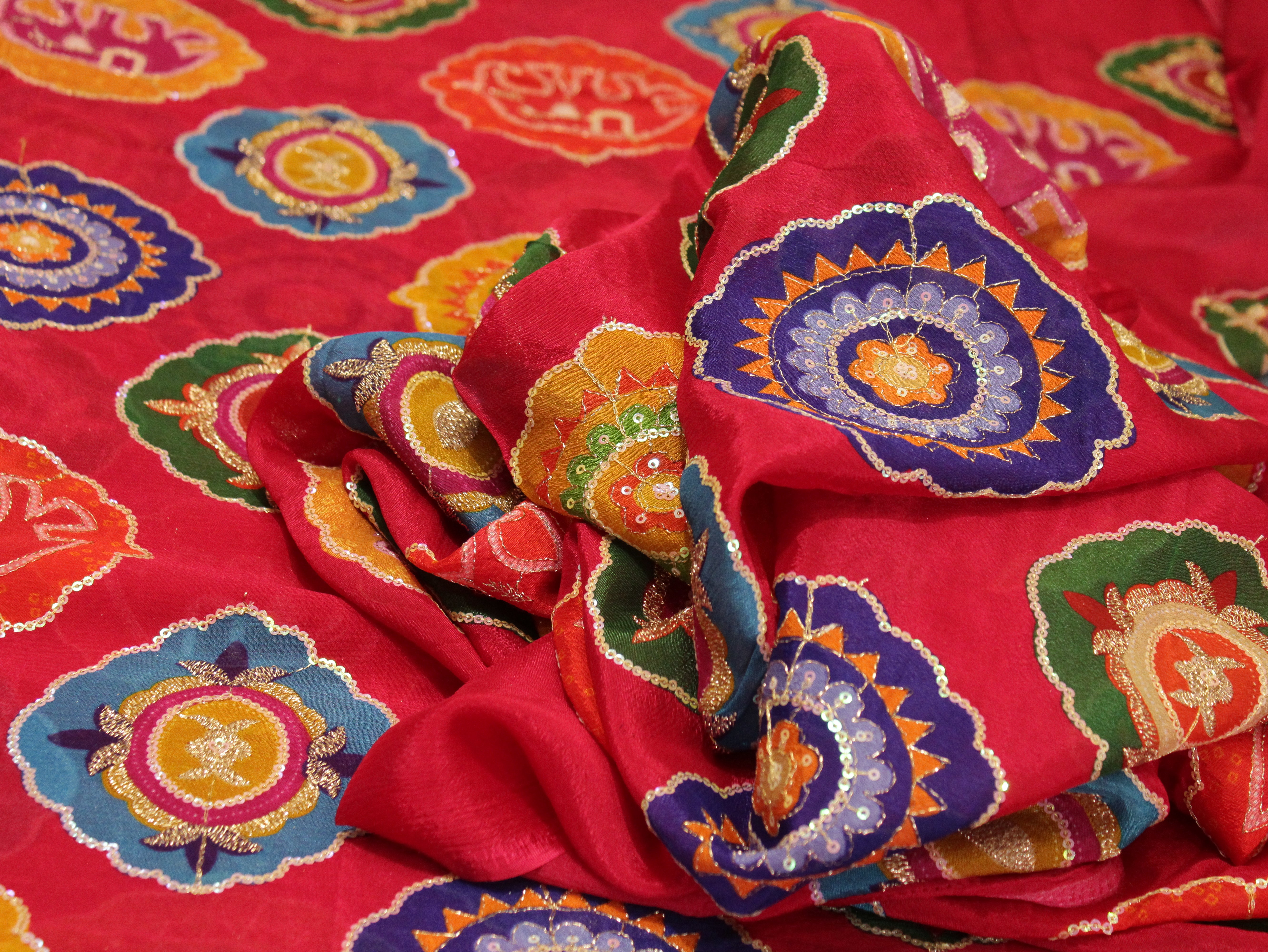 POSH : Digital Print with position work Chinon Fabric - Cherry Rani