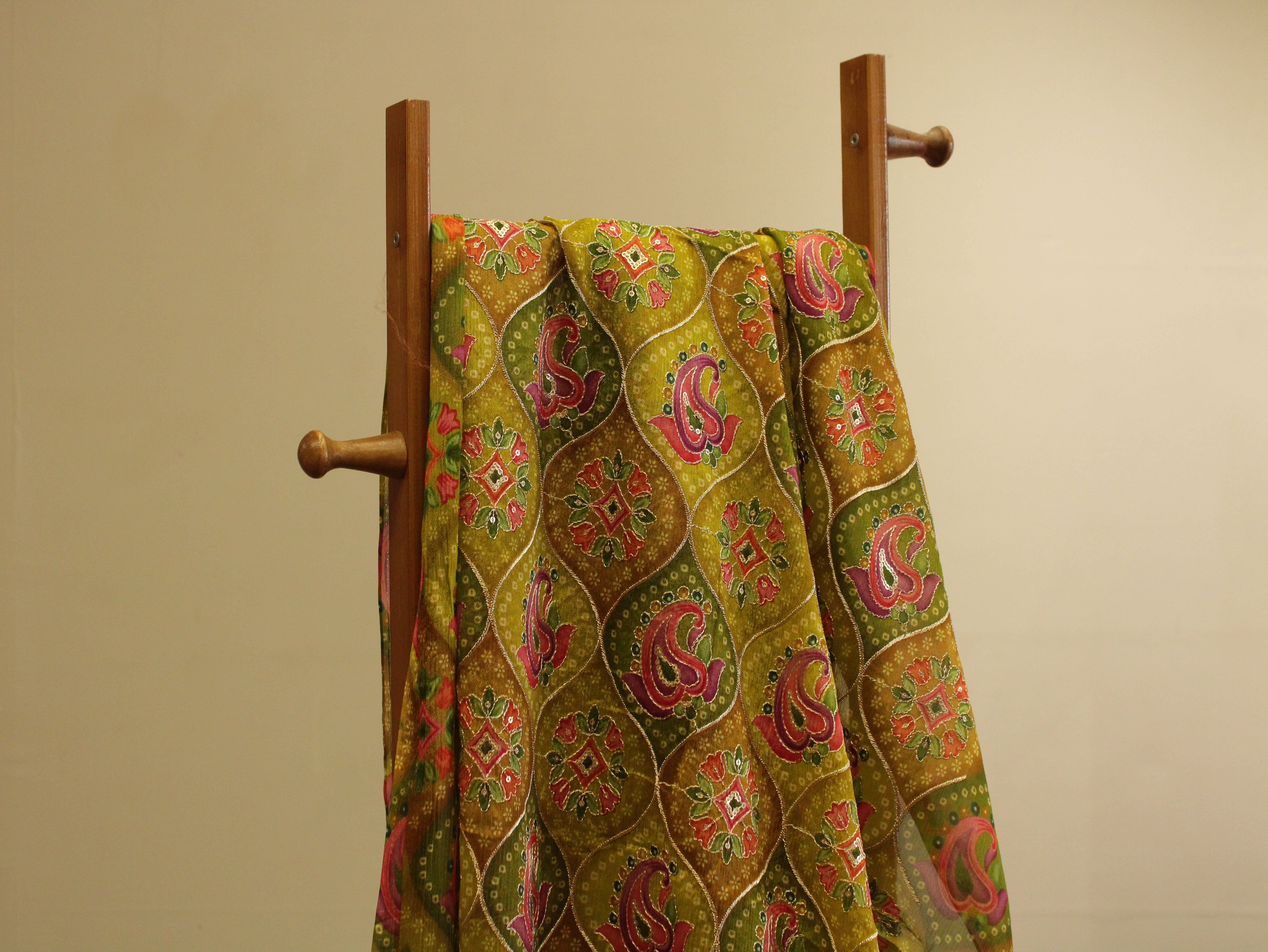 POSH : Digital Print with position work Chinon Fabric - Mehendi