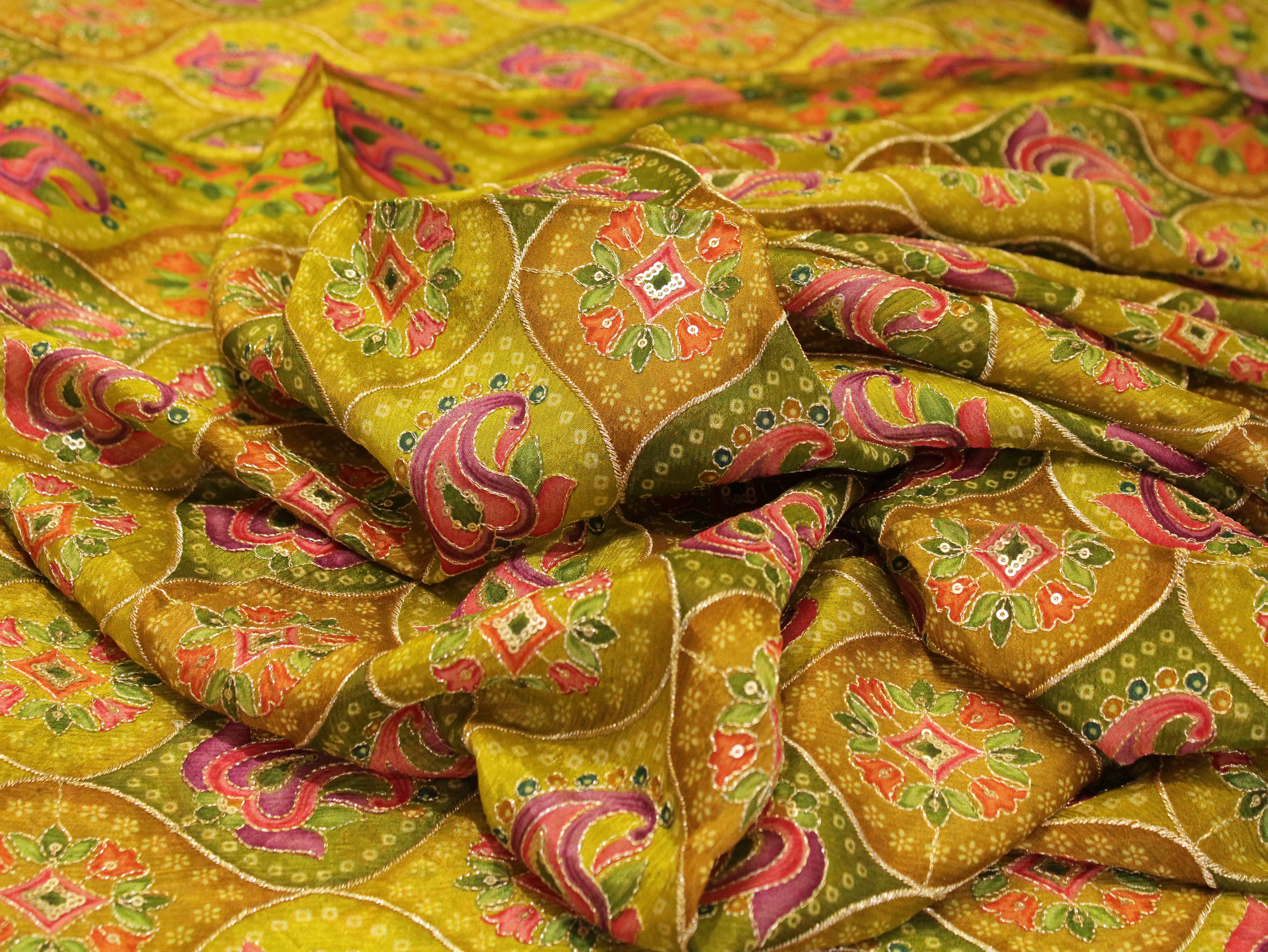 POSH : Digital Print with position work Chinon Fabric - Mehendi