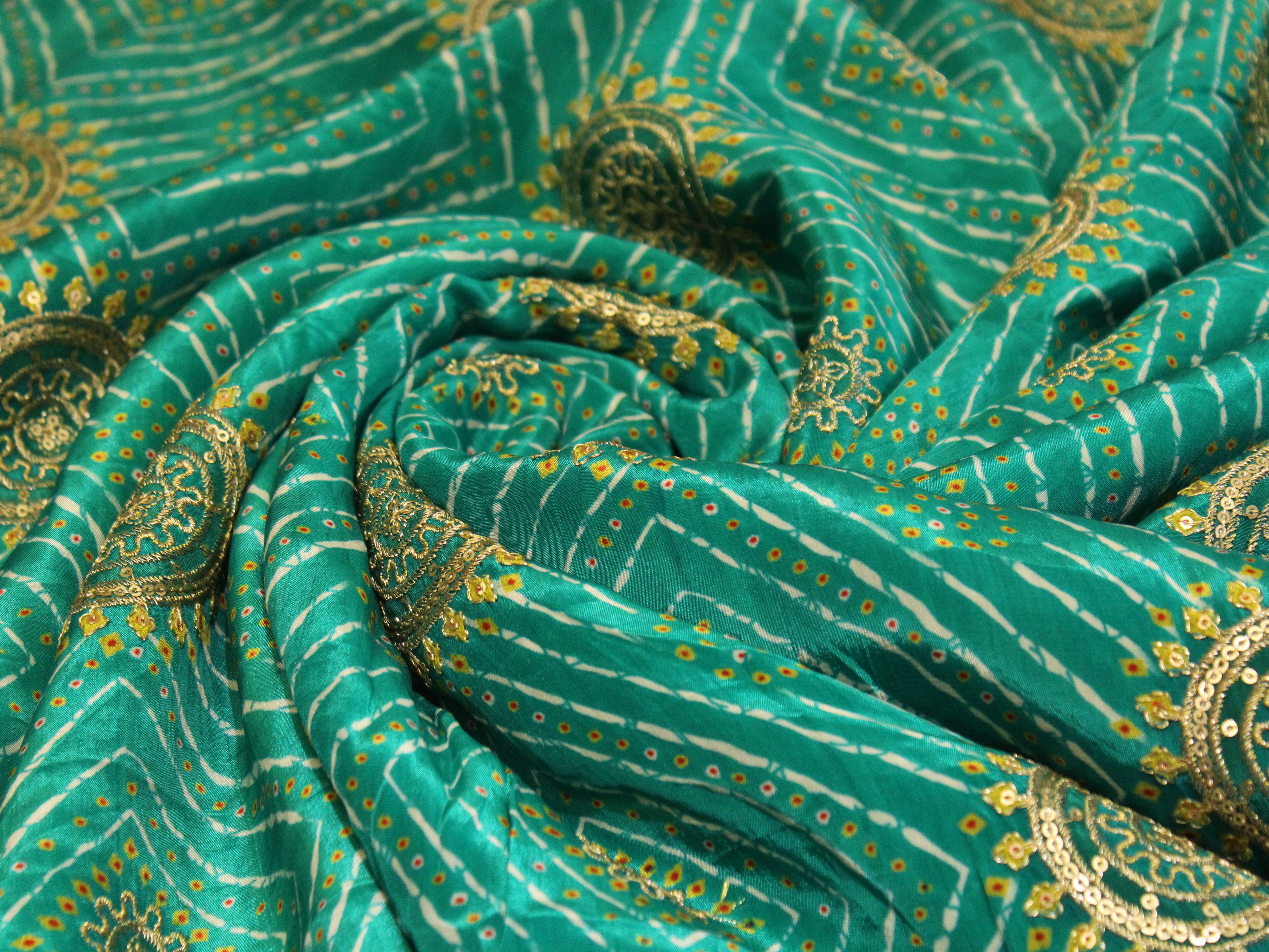 POSH : Digital Print with position work Pure Crepe Fabric - Rama Green