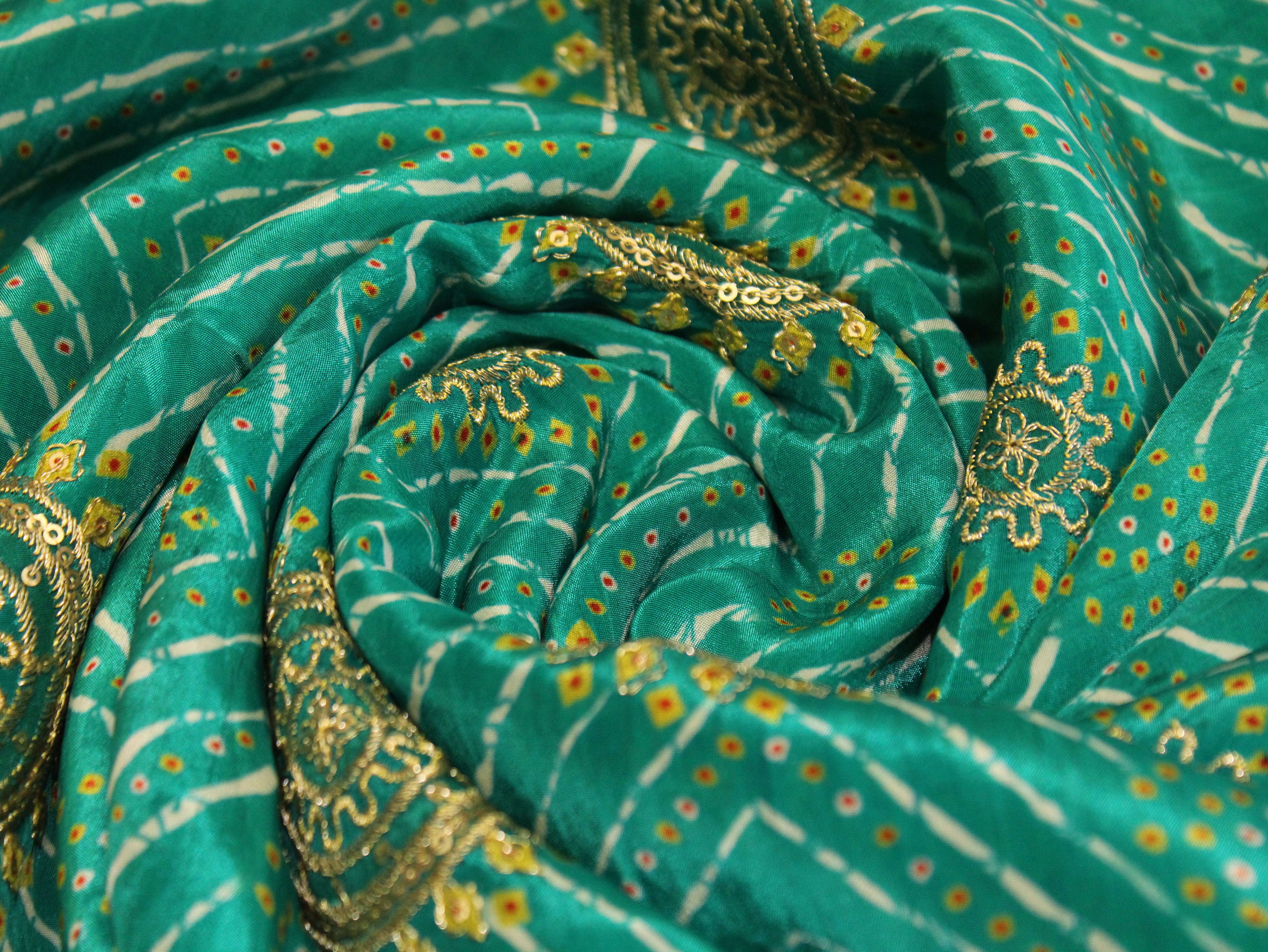 POSH : Digital Print with position work Pure Crepe Fabric - Rama Green