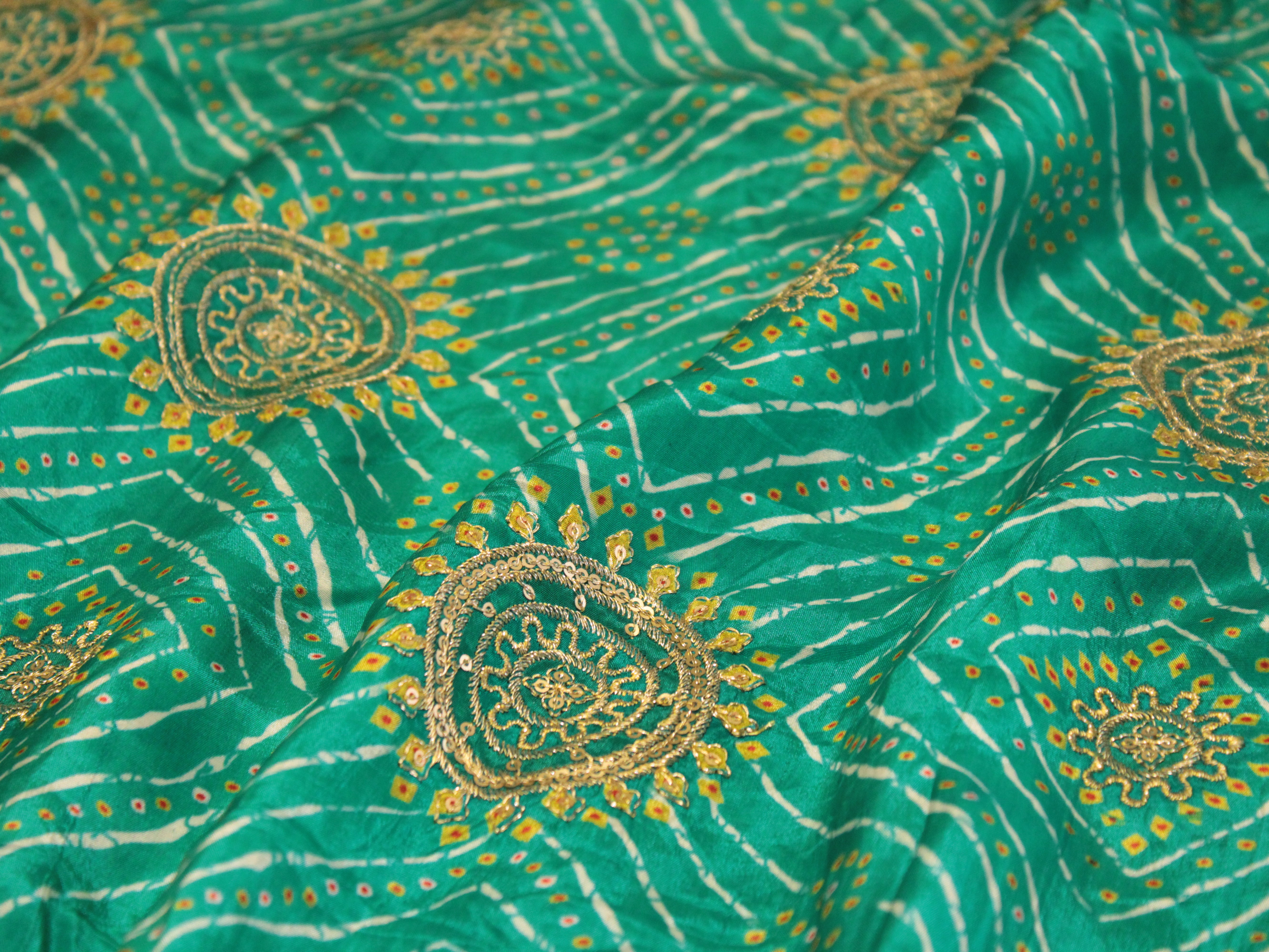 POSH : Digital Print with position work Pure Crepe Fabric - Rama Green