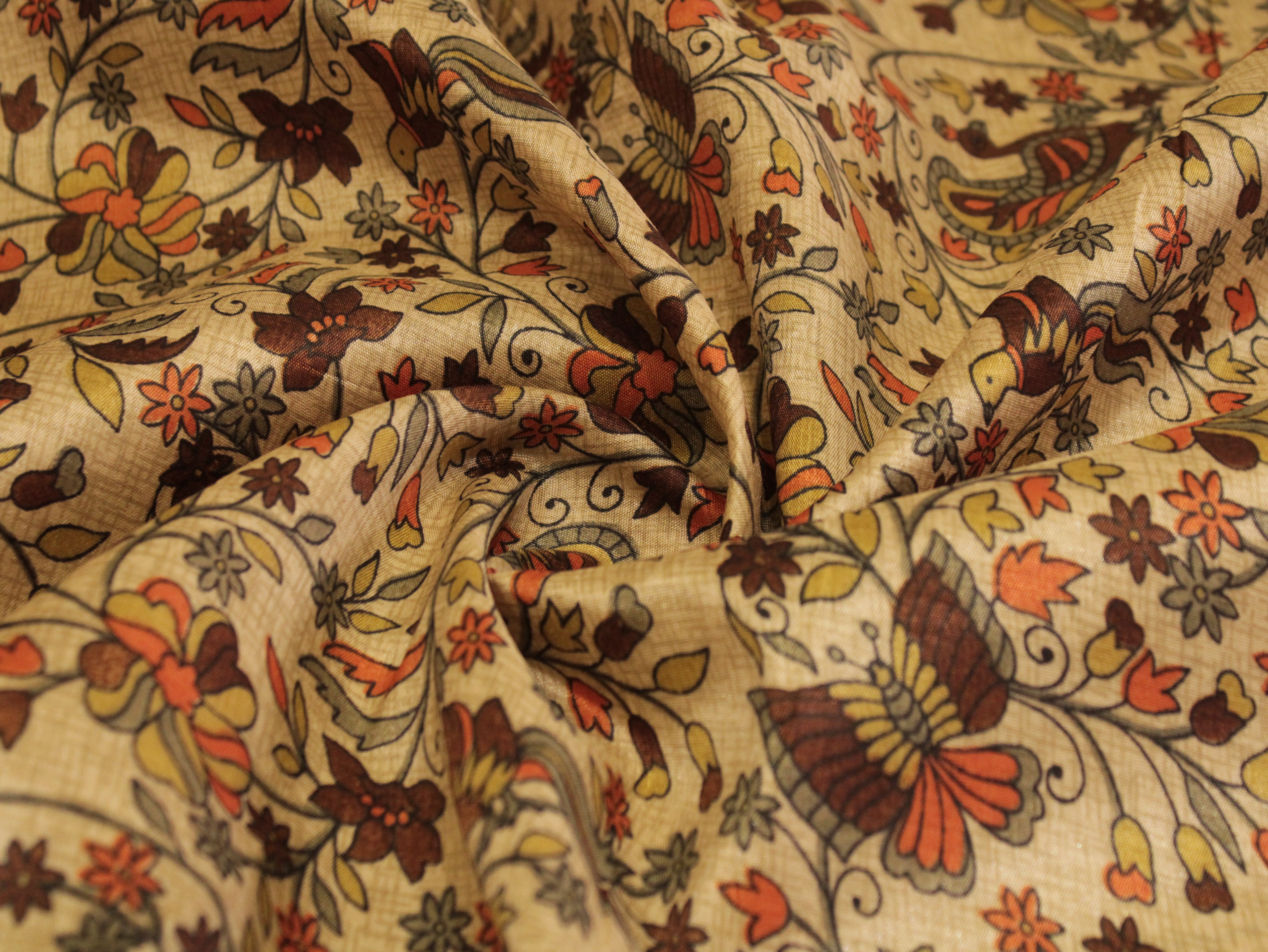 Digital Floral Print Paper Silk Fabric - Brown