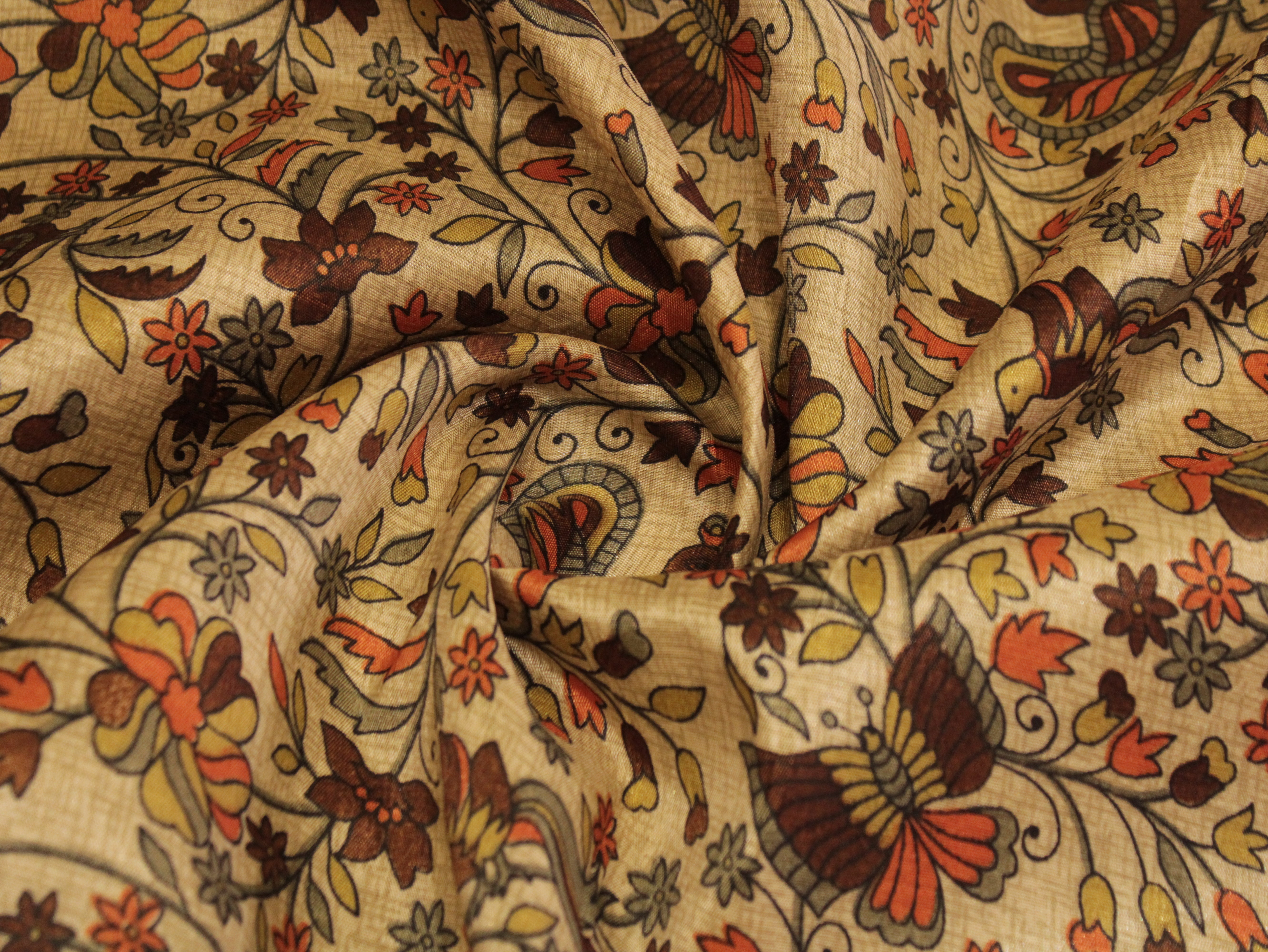 Digital Floral Print Paper Silk Fabric - Brown