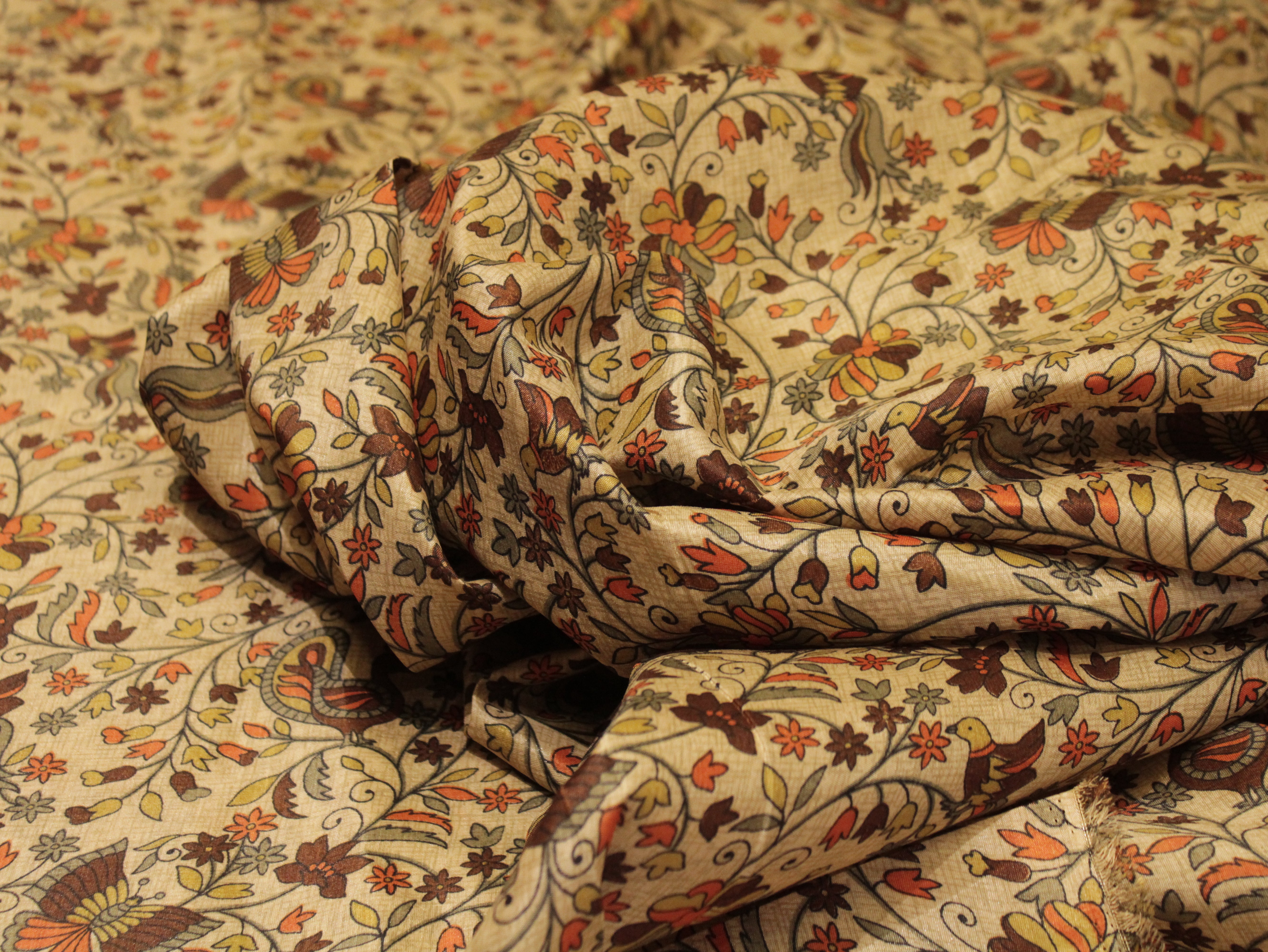 Digital Floral Print Paper Silk Fabric - Brown