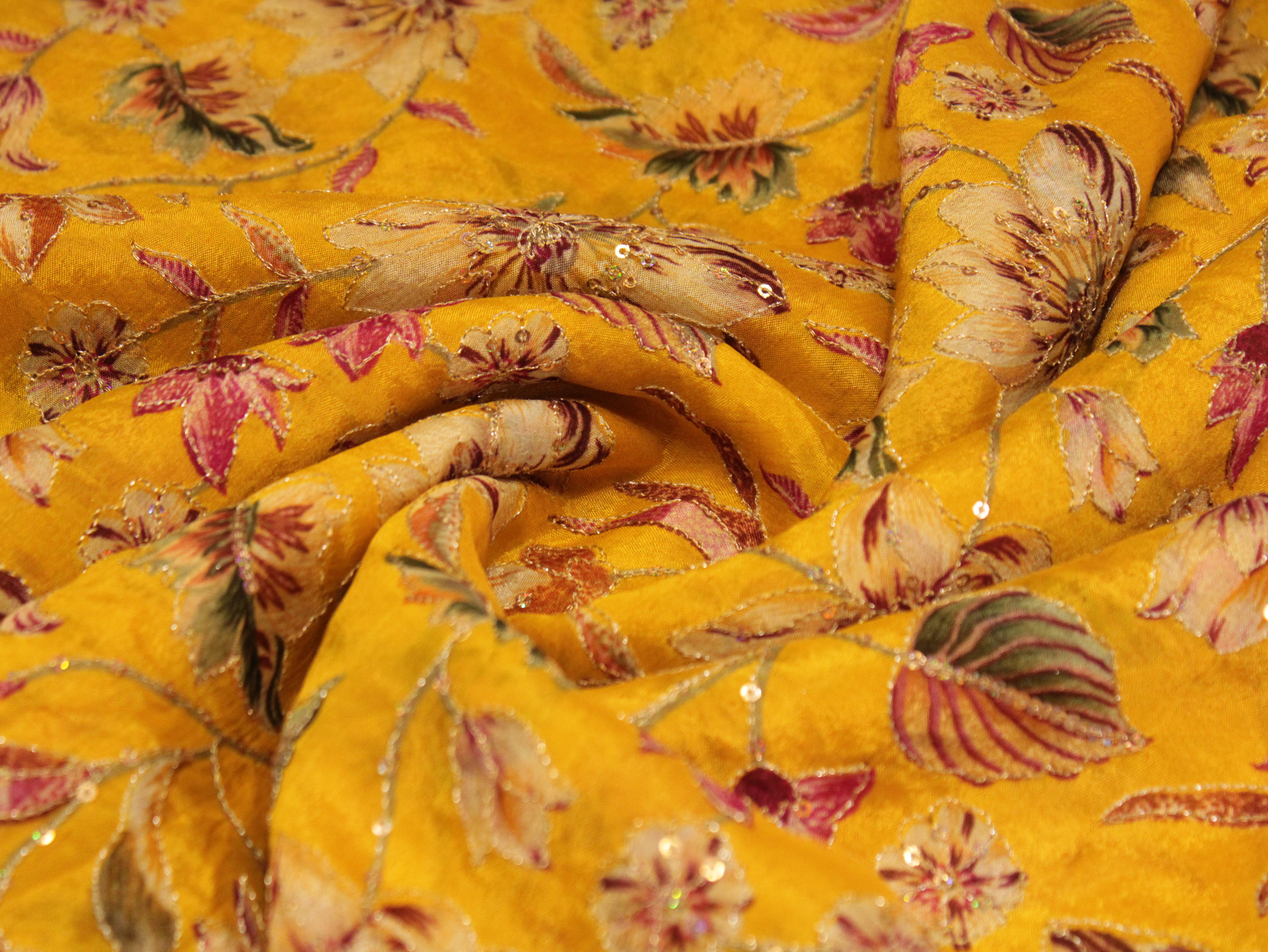 POSH : Digital Print with position work Chinon Fabric - Yellow