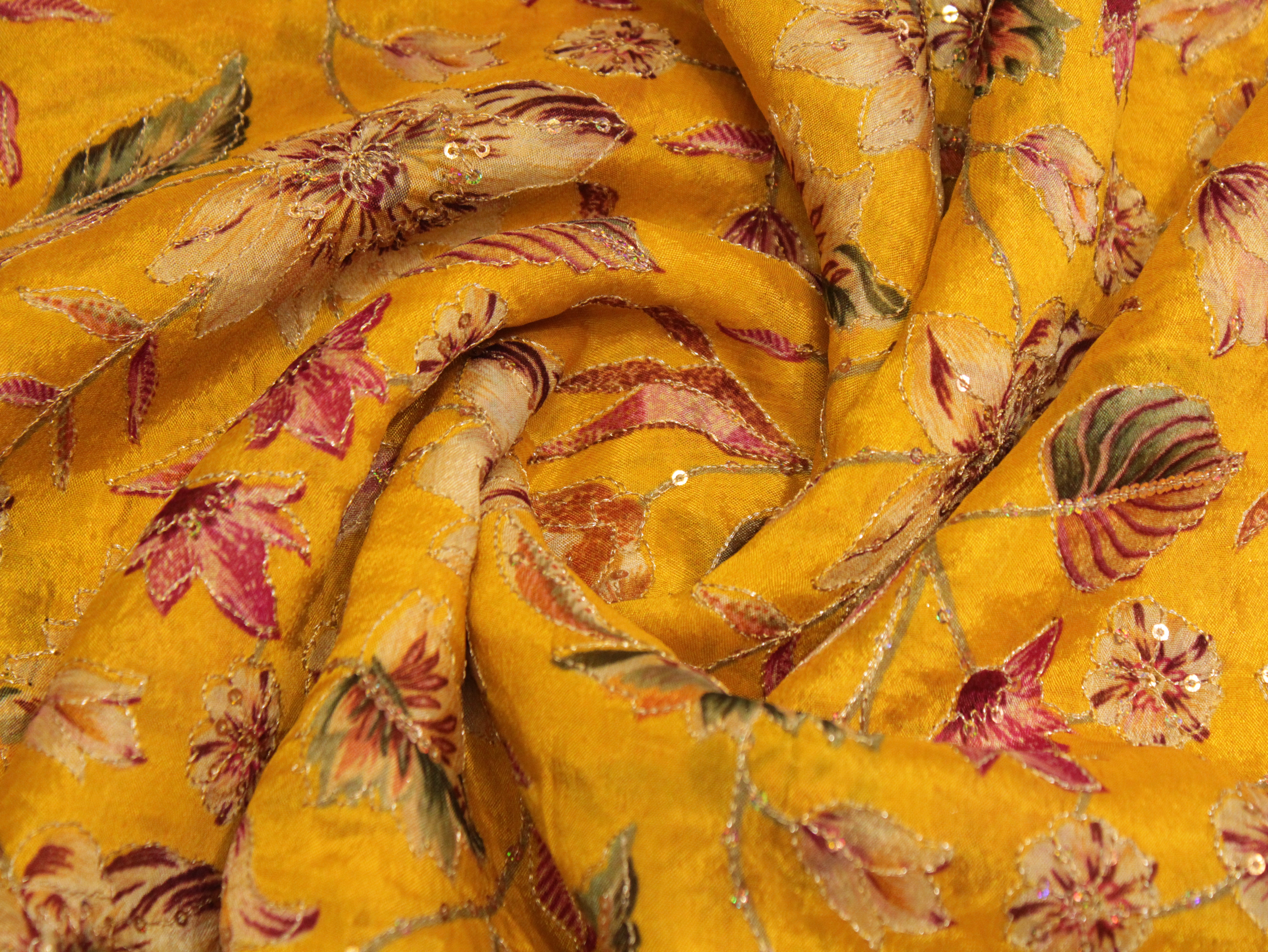 POSH : Digital Print with position work Chinon Fabric - Yellow