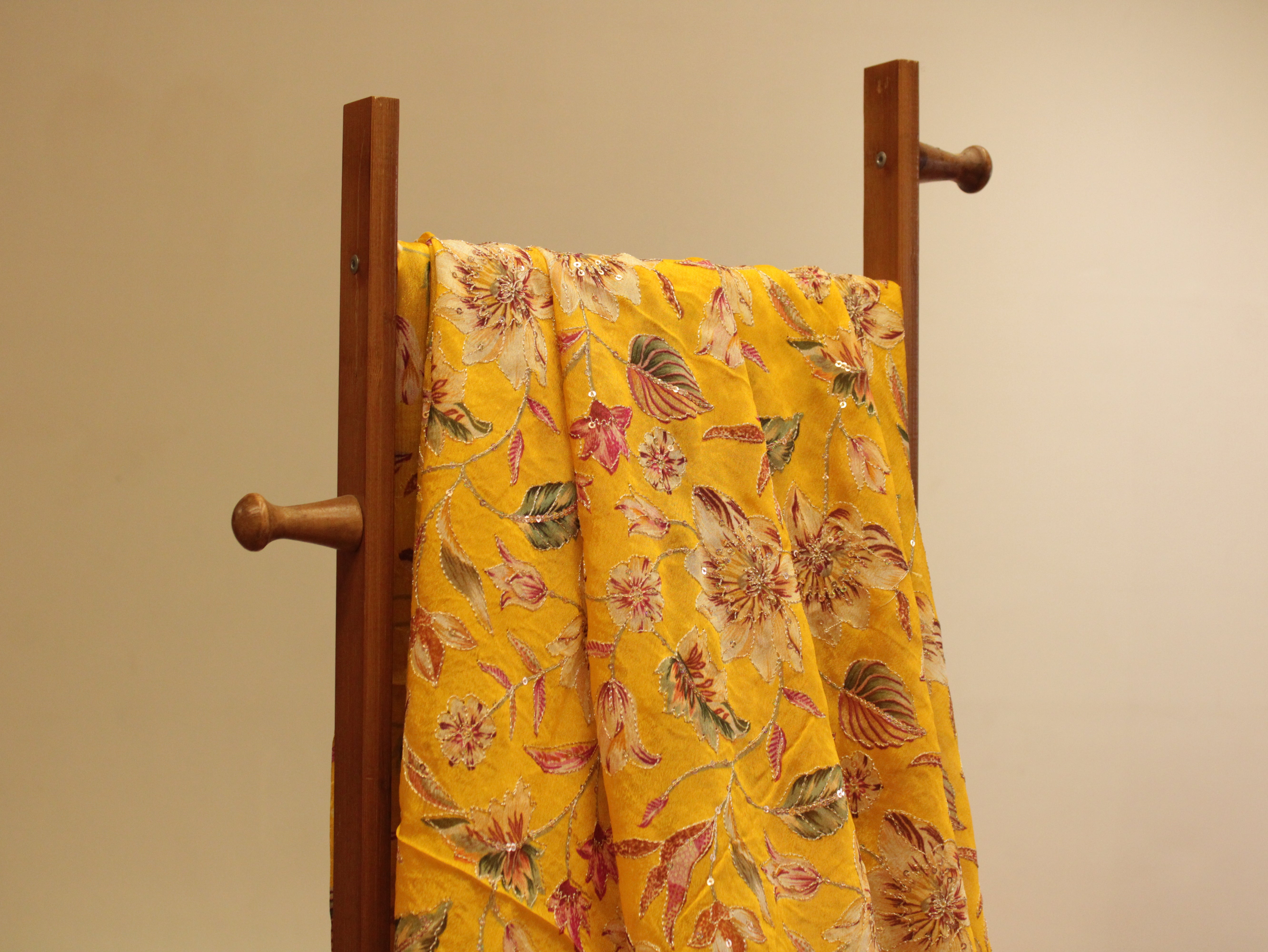 POSH : Digital Print with position work Chinon Fabric - Yellow