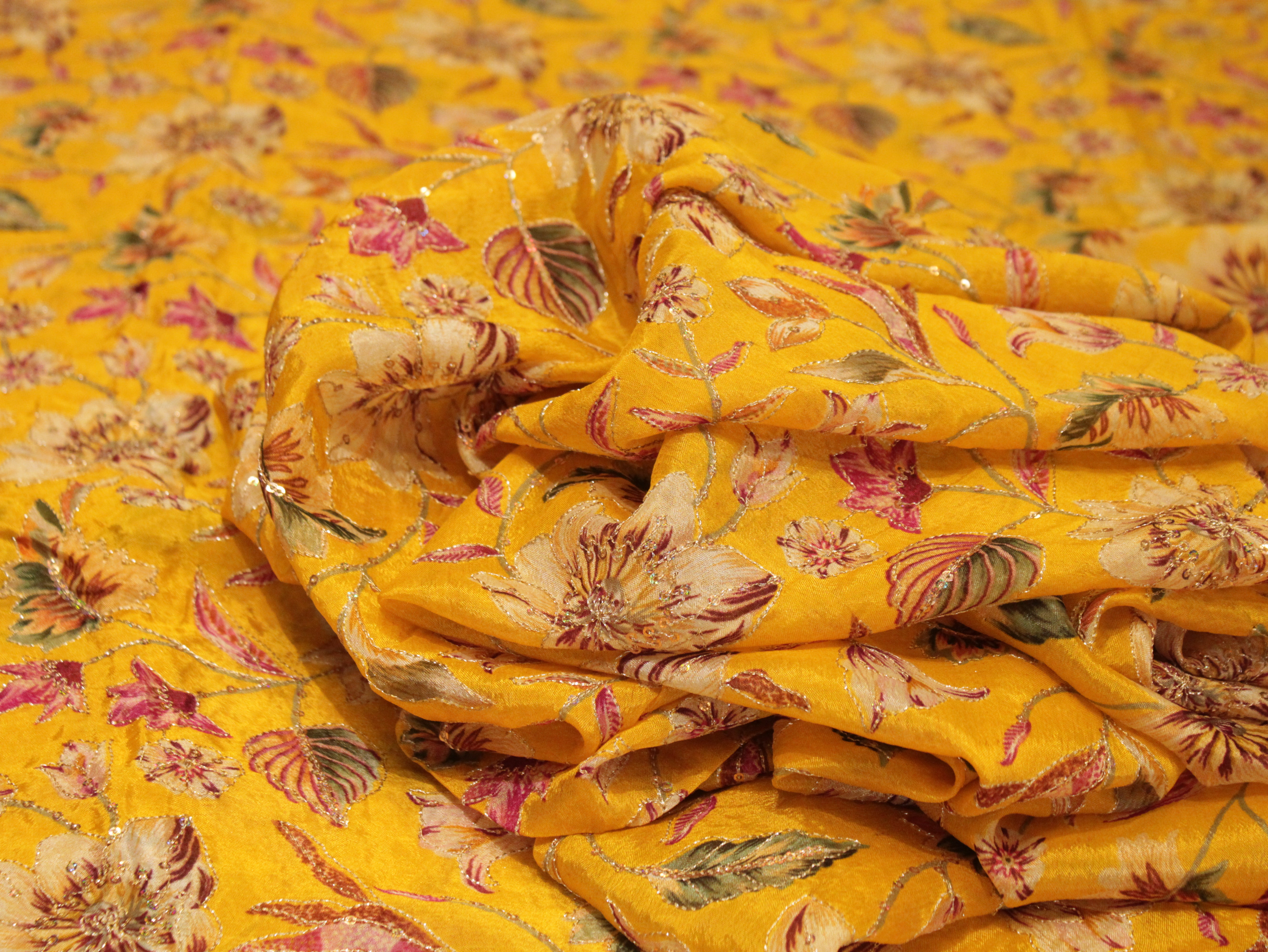 POSH : Digital Print with position work Chinon Fabric - Yellow