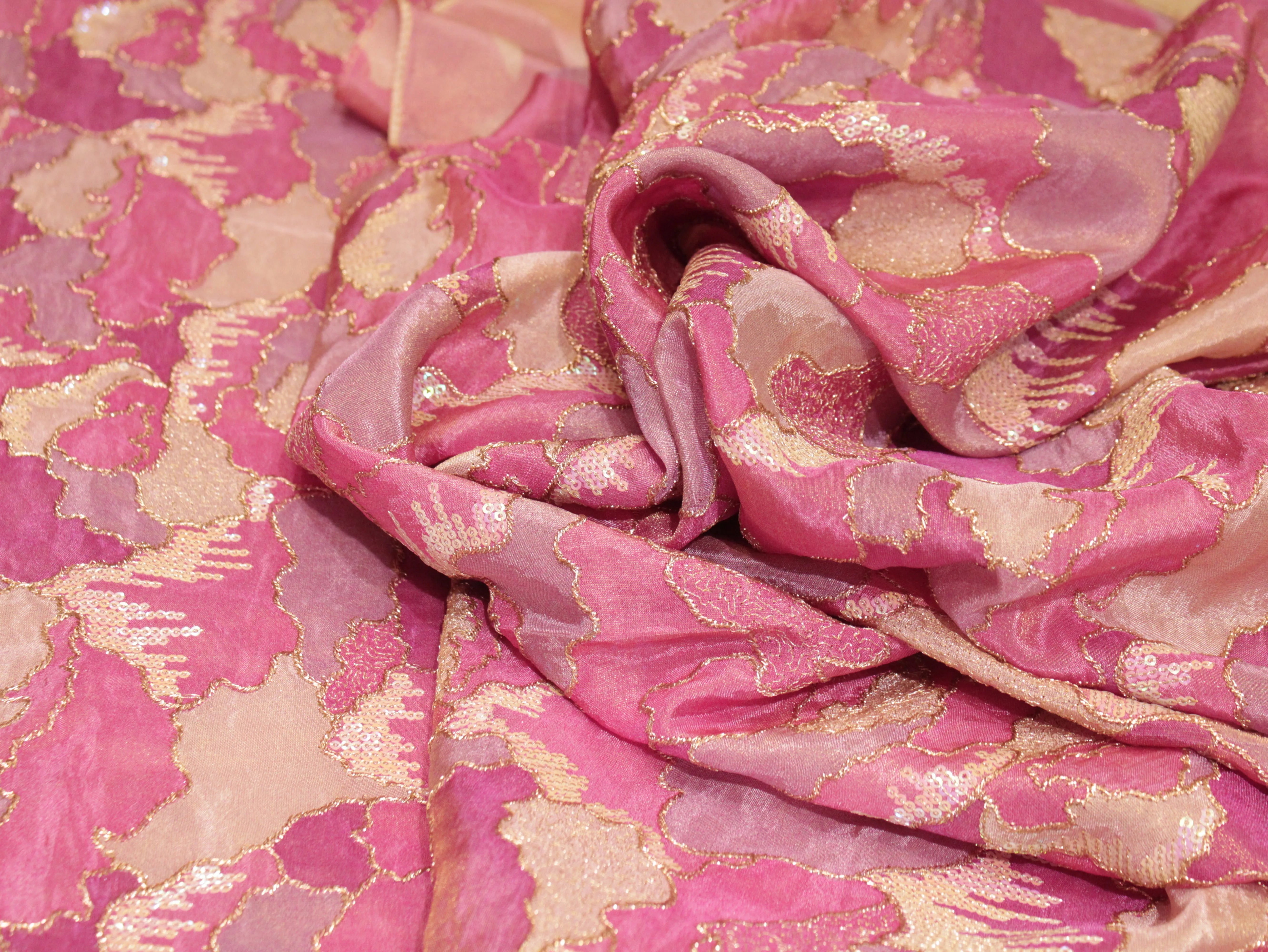 POSH : Digital Print with position work Tissue Fabric - Pink