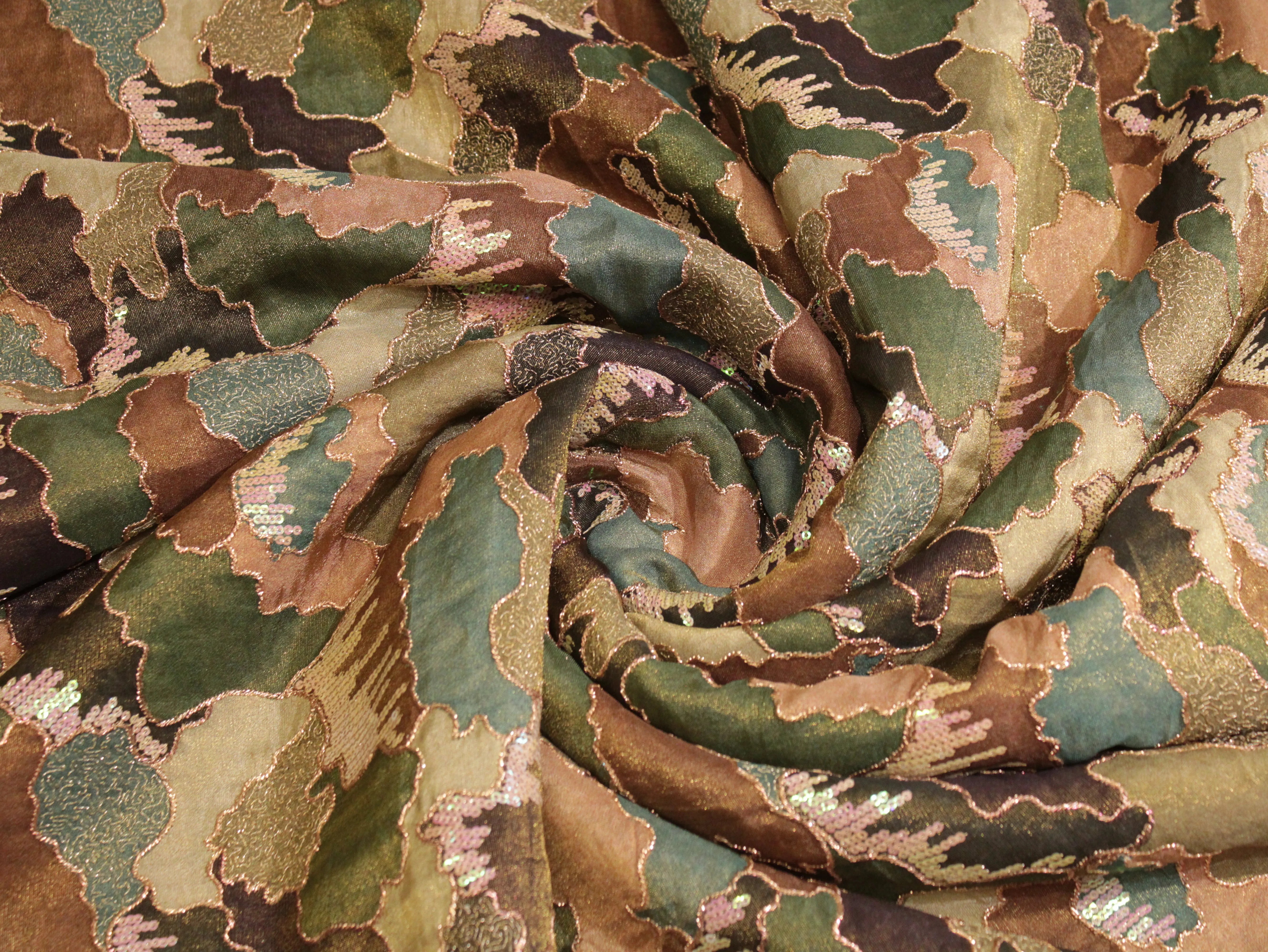 POSH : Digital Print with position work Tissue Fabric - Dark Green