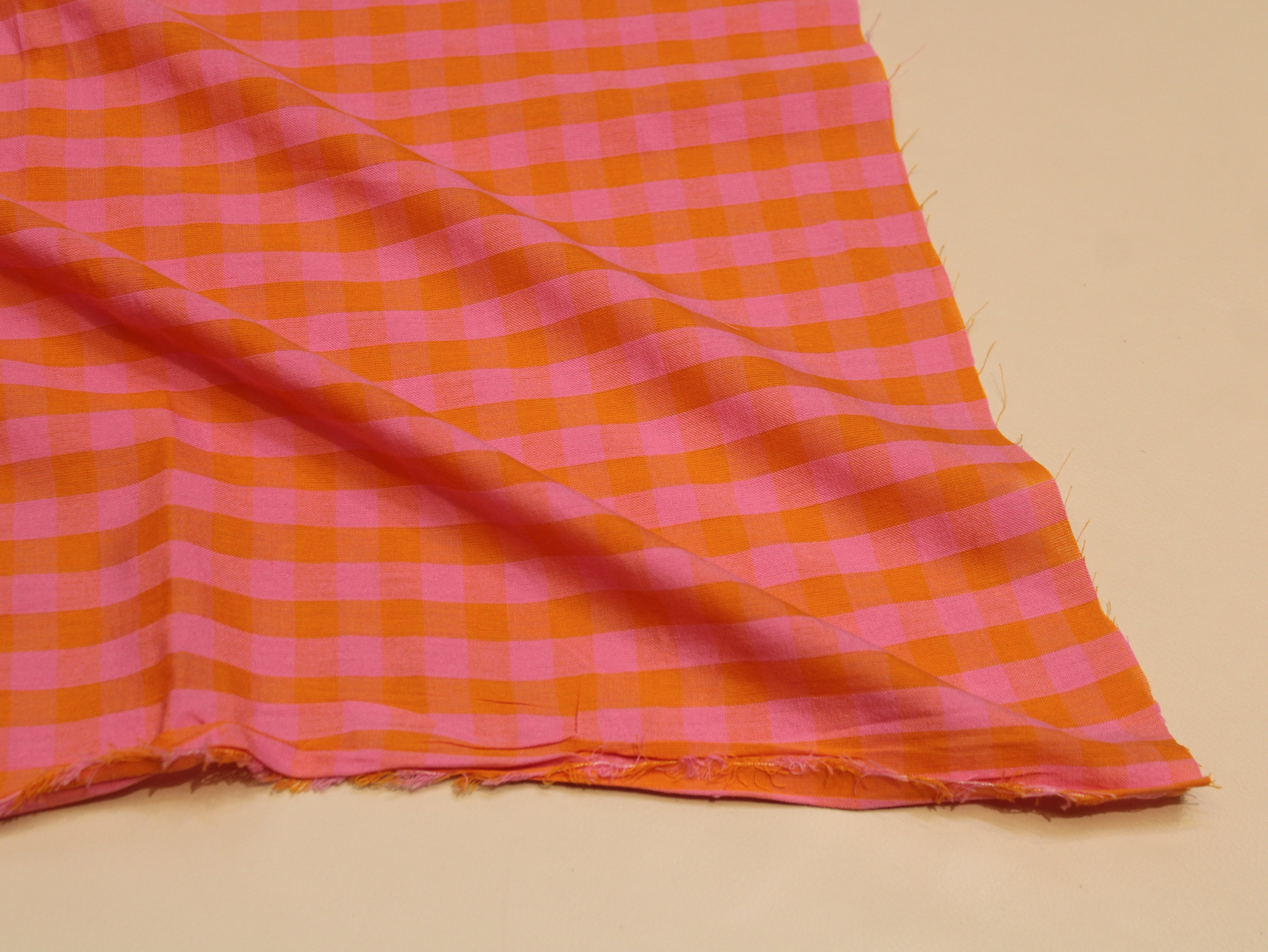 Pure Cotton Yarn Dyed Check Washed Fabric 60 Inch | Pink & Orange Gingham Check