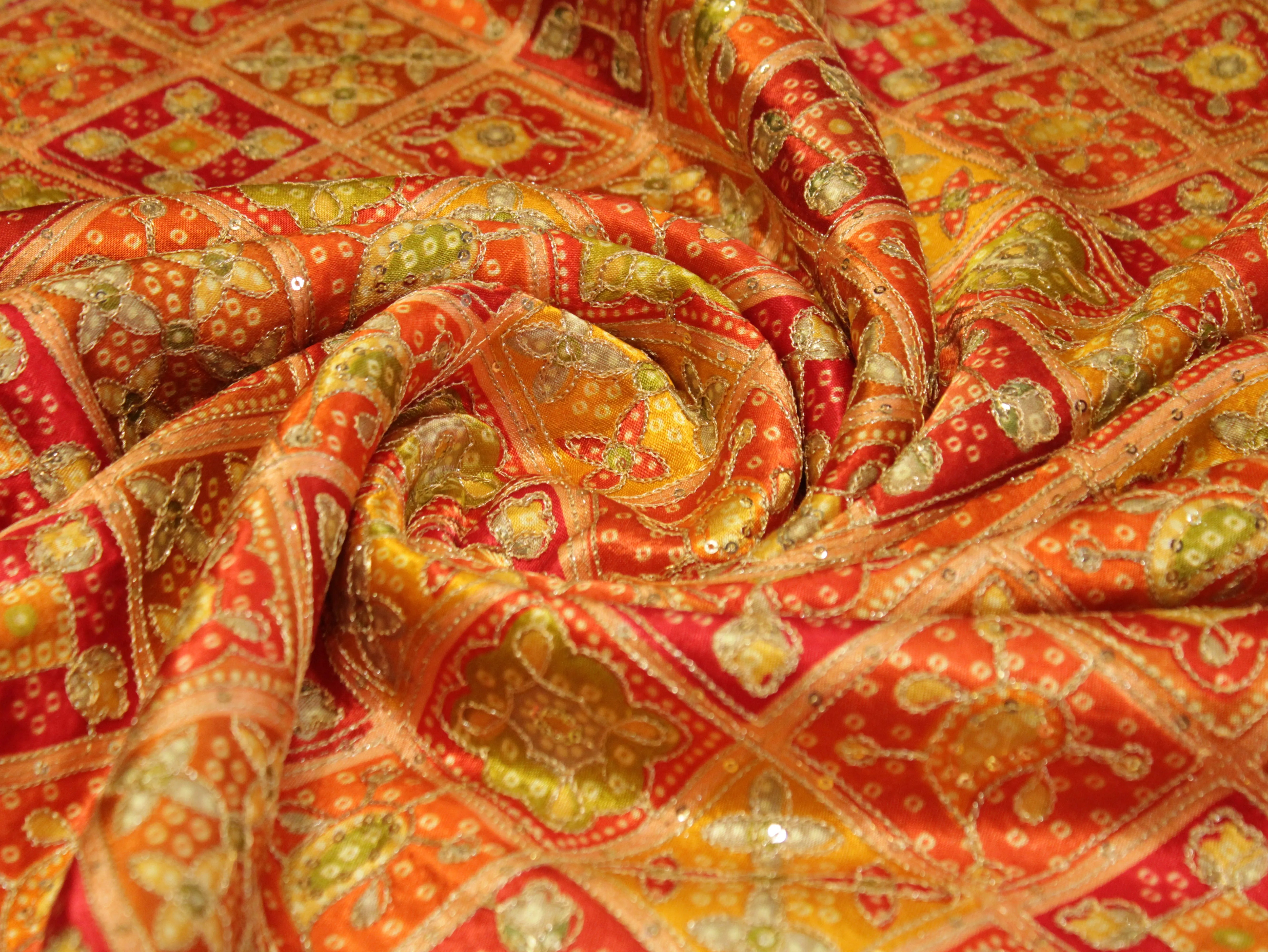 Gaji : Vintage Bandhani Position Work Fabric - Orange