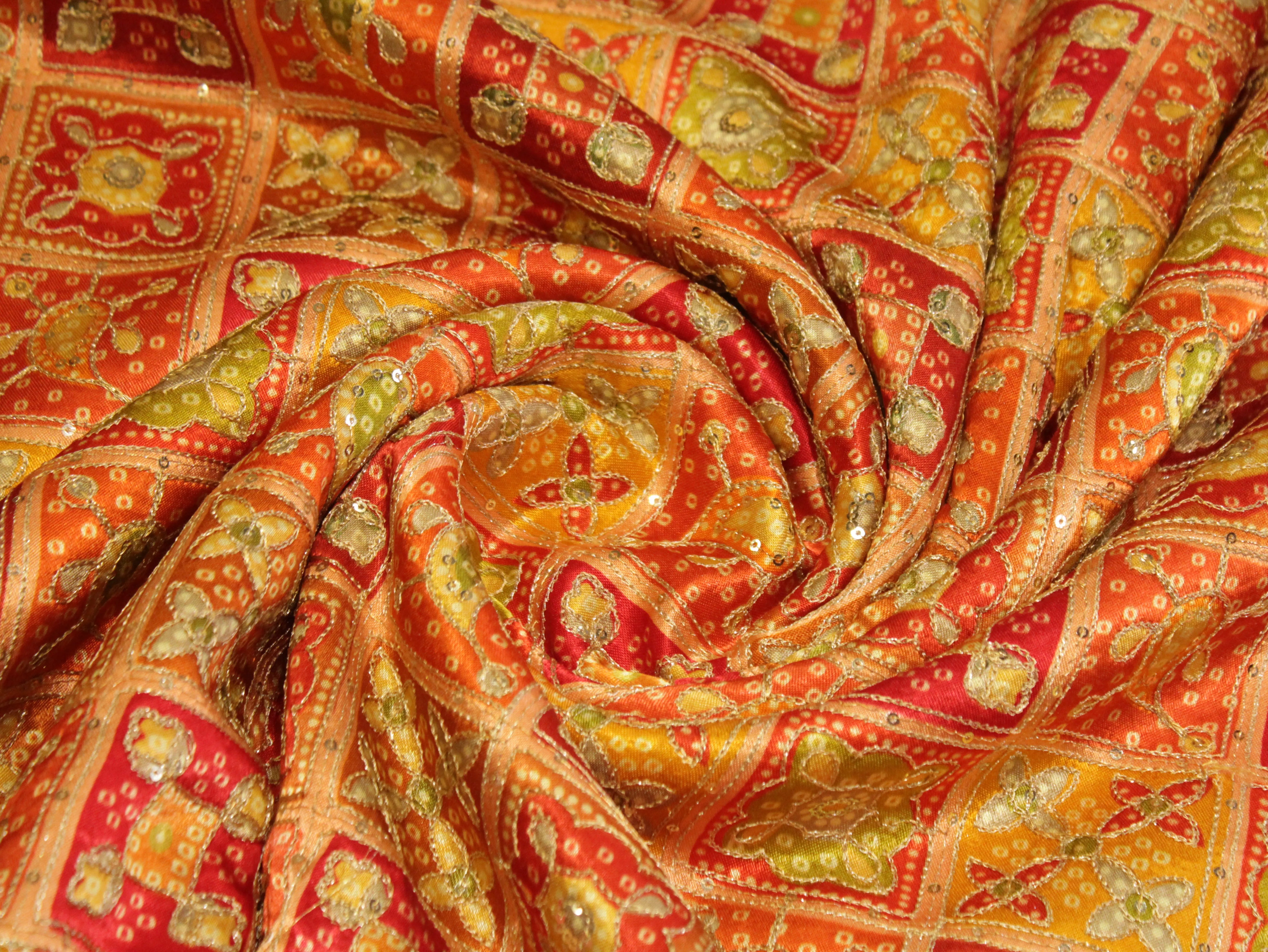 Gaji : Vintage Bandhani Position Work Fabric - Orange