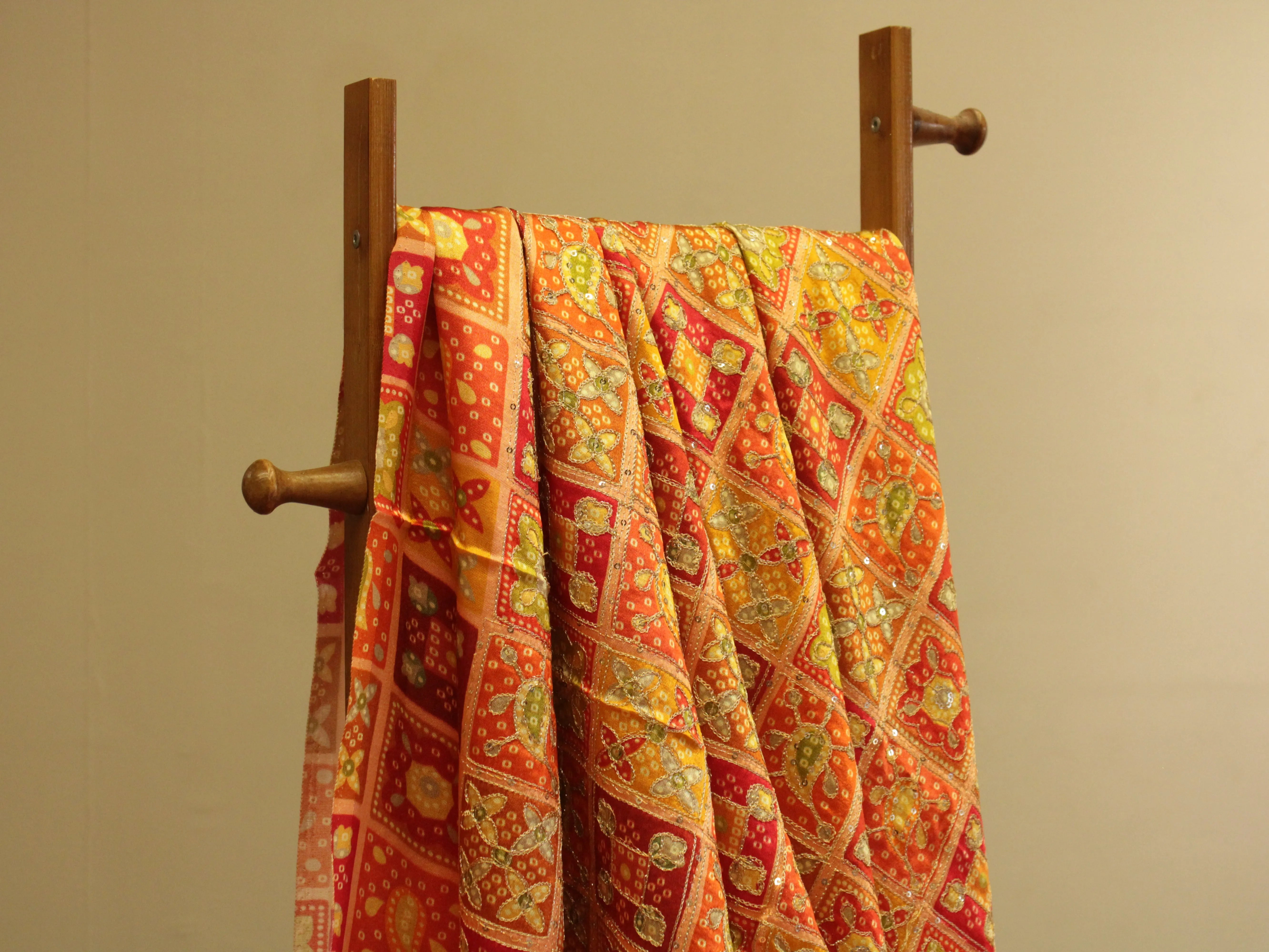 Gaji : Vintage Bandhani Position Work Fabric - Orange