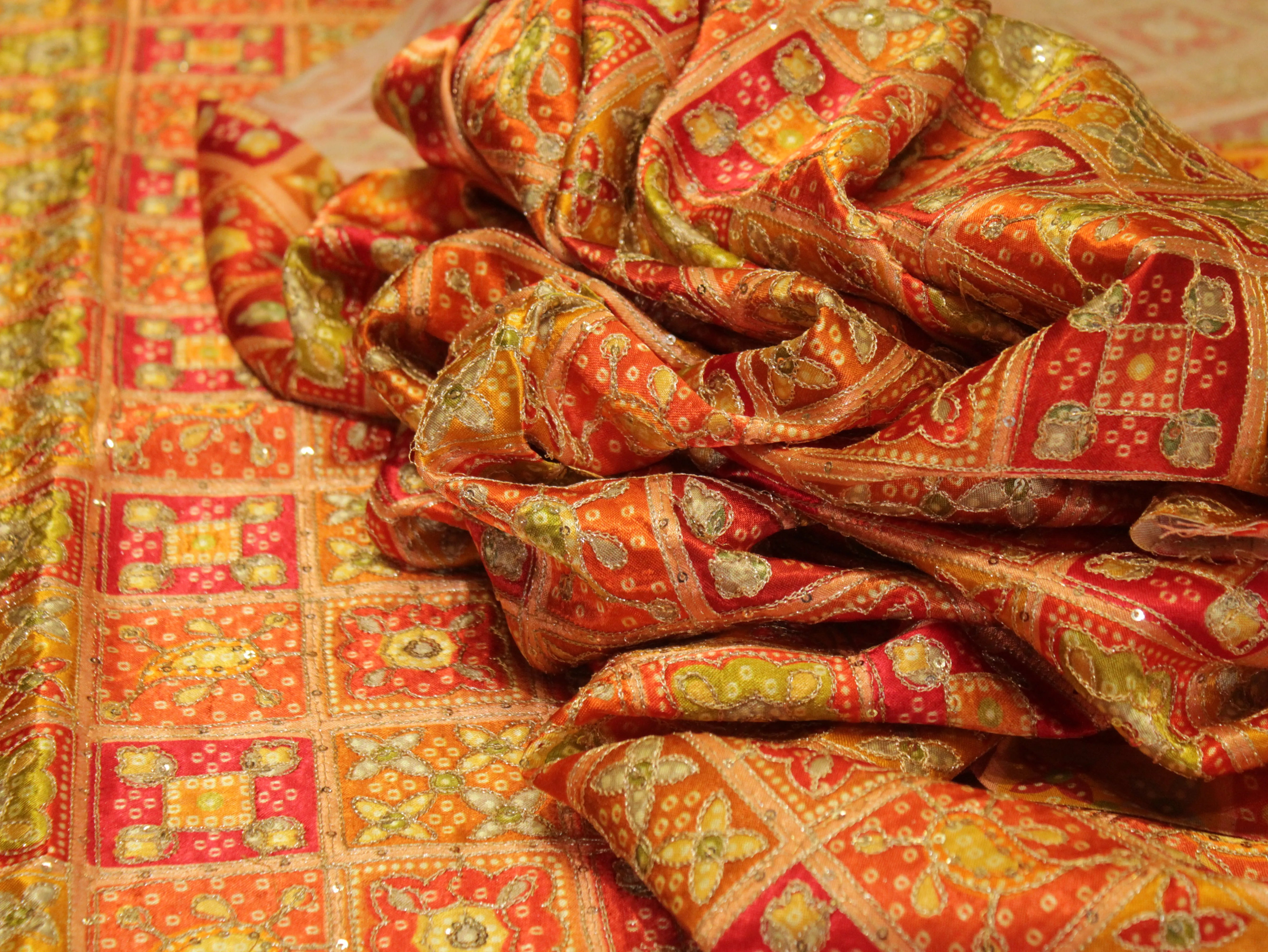 Gaji : Vintage Bandhani Position Work Fabric - Orange